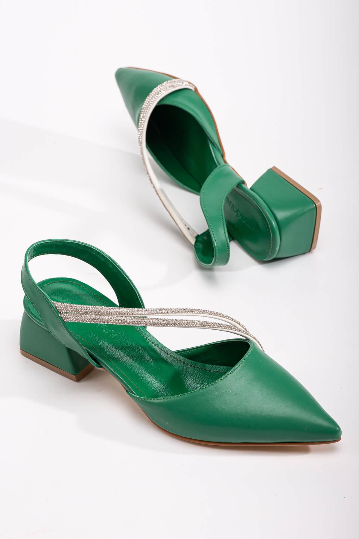 Çapraz Taşlı Kadın Topuklu Sandalet ÇİMEN YEŞİLİ CİLT - Görsel 4