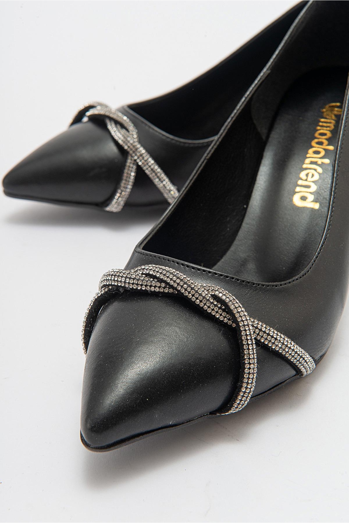 Çapraz Taşlı Kadın Stiletto Ayakkabı SİYAH CİLT GÜMÜŞ - Görsel 4