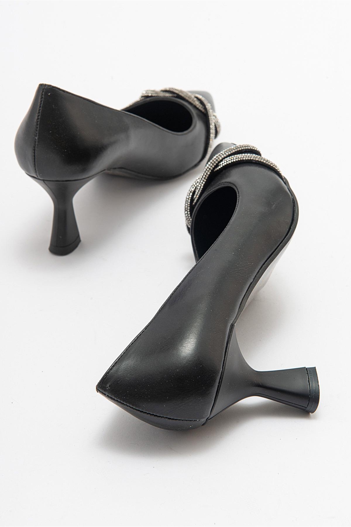 Çapraz Taşlı Kadın Stiletto Ayakkabı SİYAH CİLT GÜMÜŞ - Görsel 5