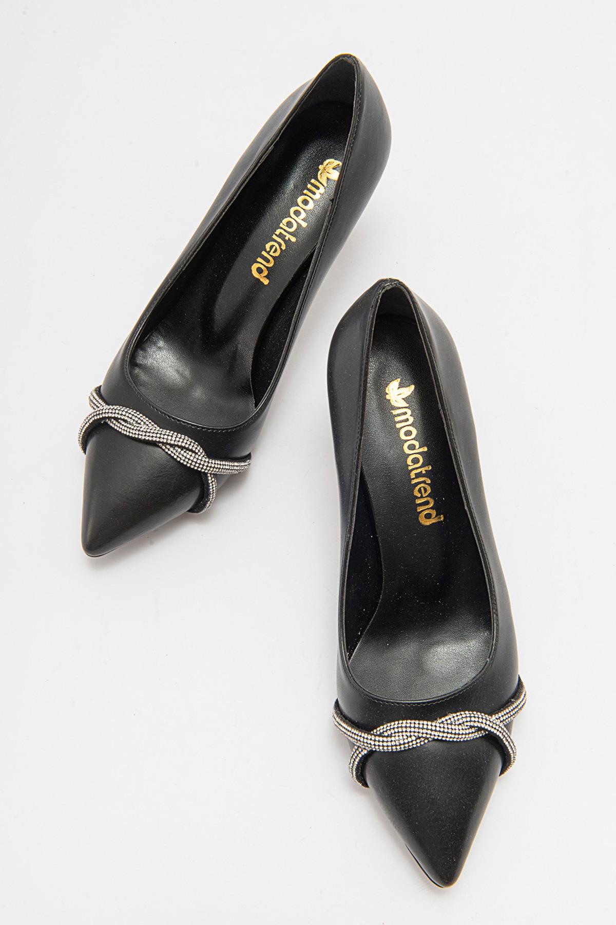 Çapraz Taşlı Kadın Stiletto Ayakkabı SİYAH CİLT GÜMÜŞ - Görsel 6