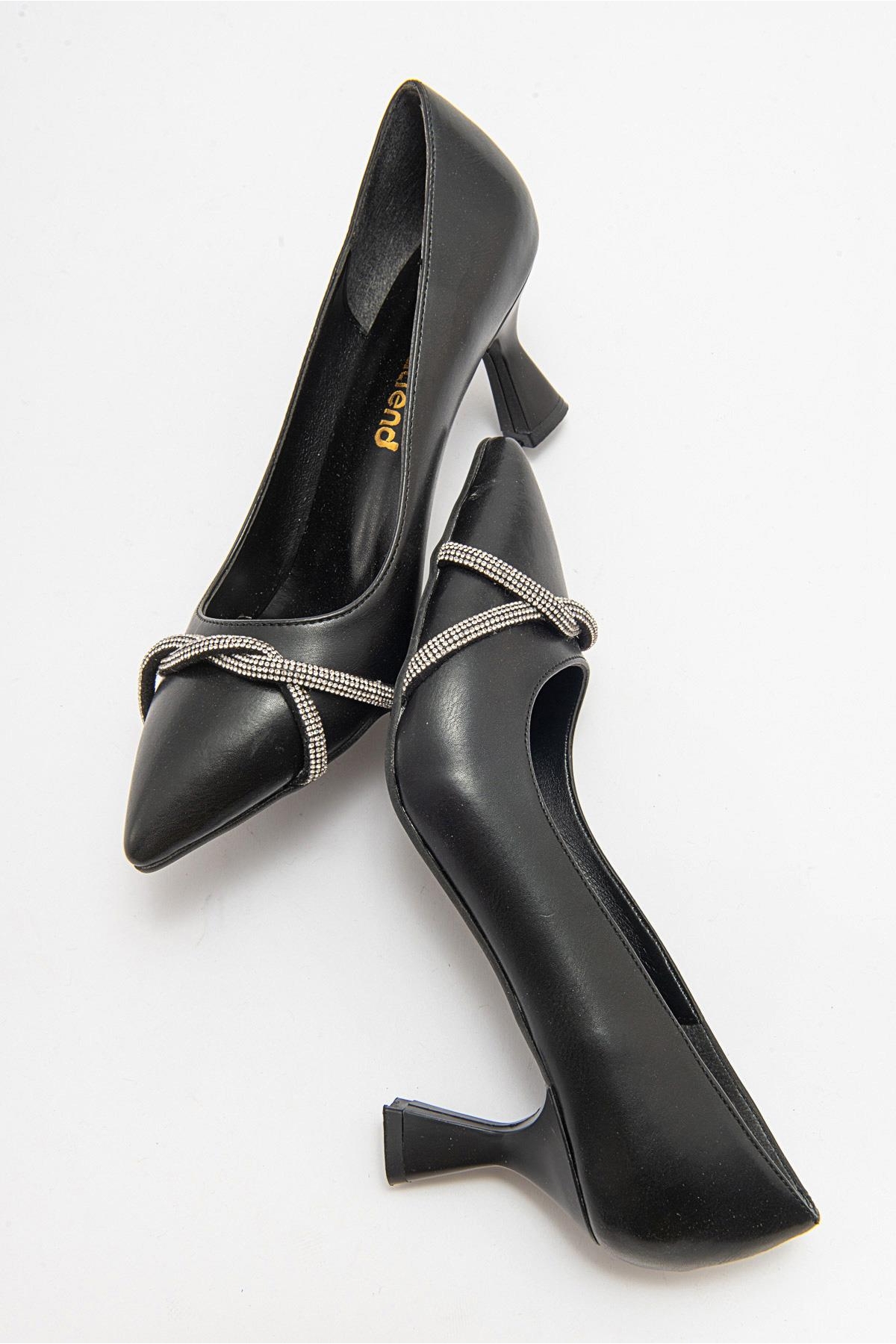 Çapraz Taşlı Kadın Stiletto Ayakkabı SİYAH CİLT GÜMÜŞ - Görsel 7