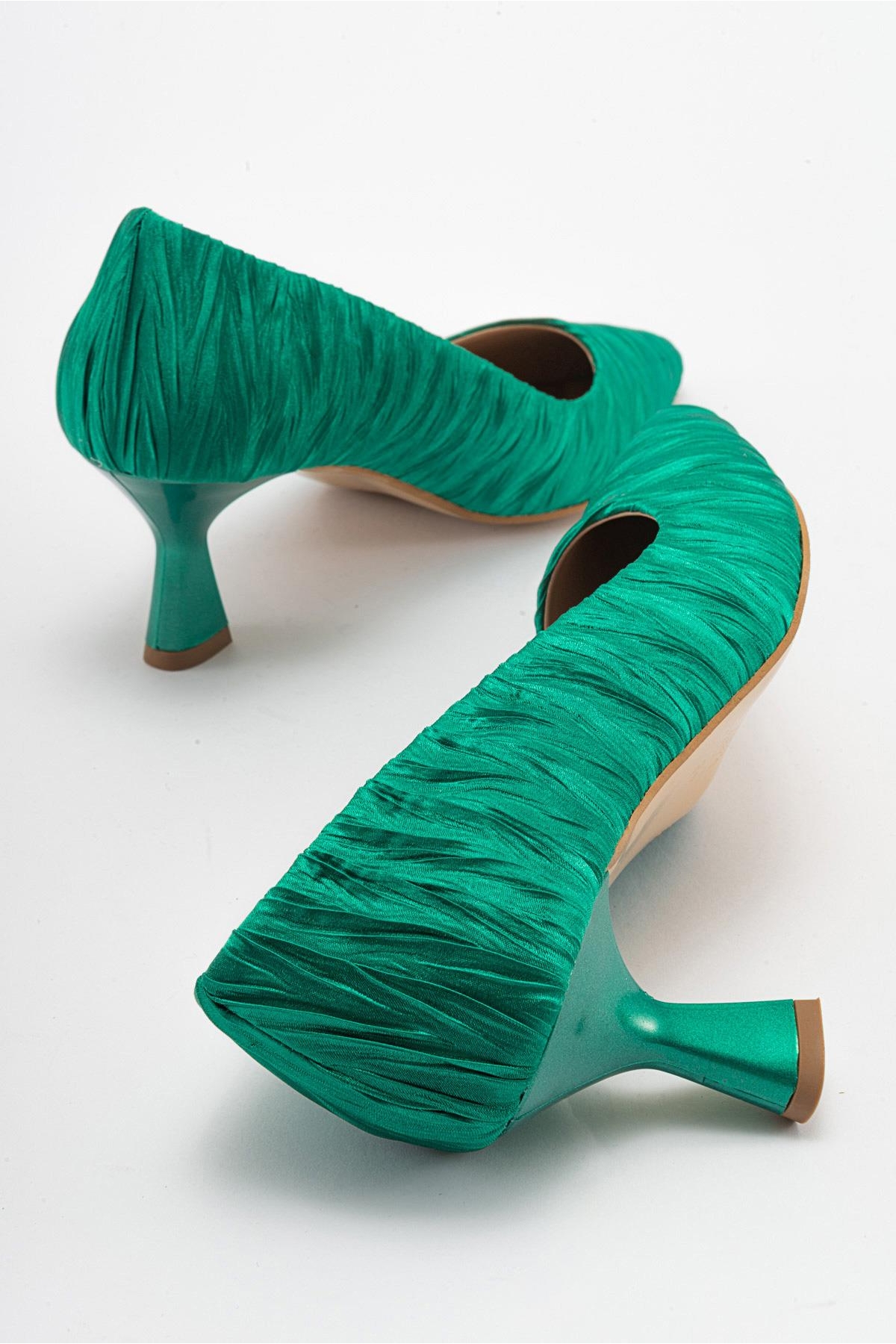 Kadın Stiletto Ayakkabı YEŞİL SATEN - Görsel 5