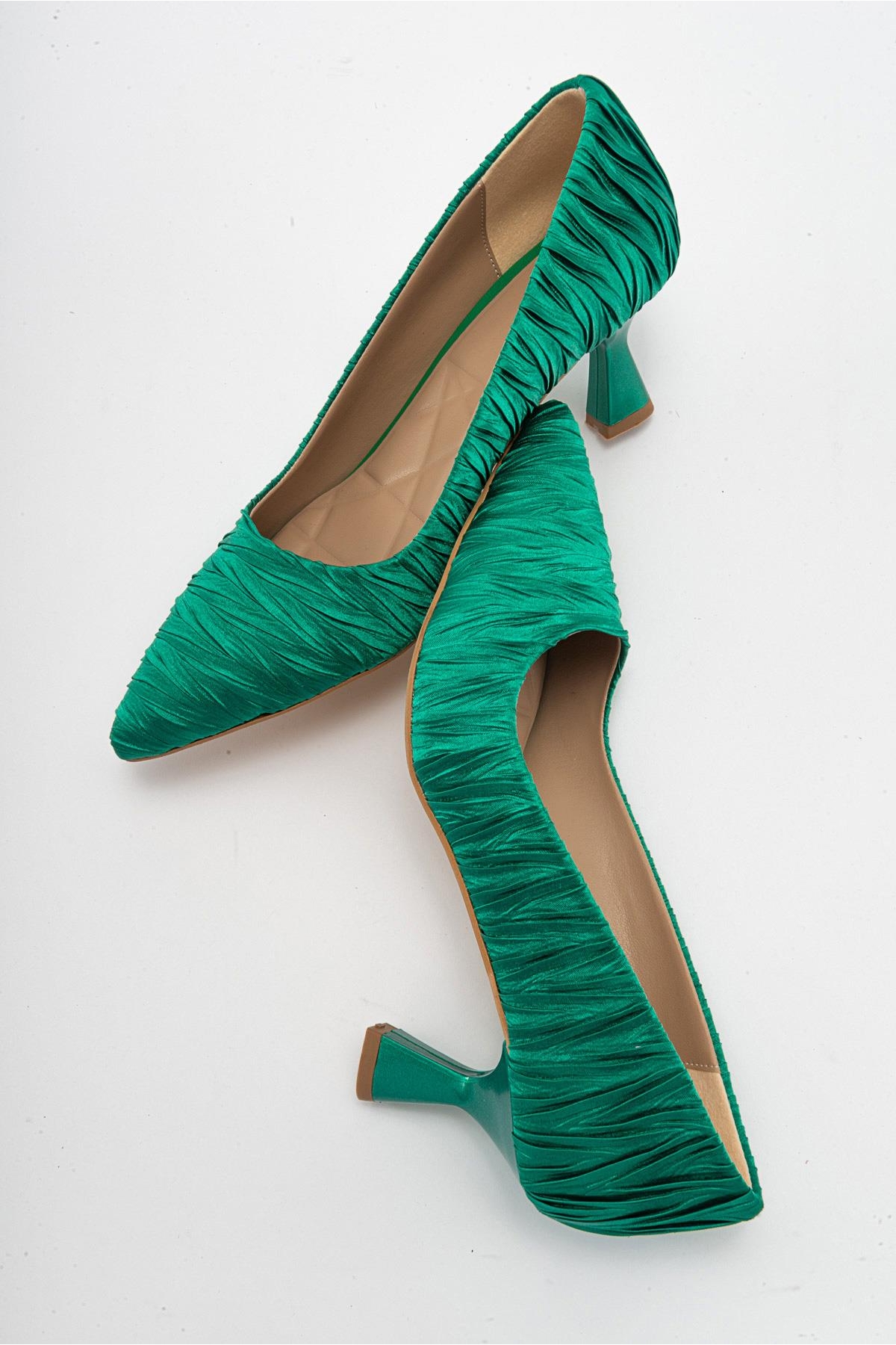 Kadın Stiletto Ayakkabı YEŞİL SATEN - Görsel 7
