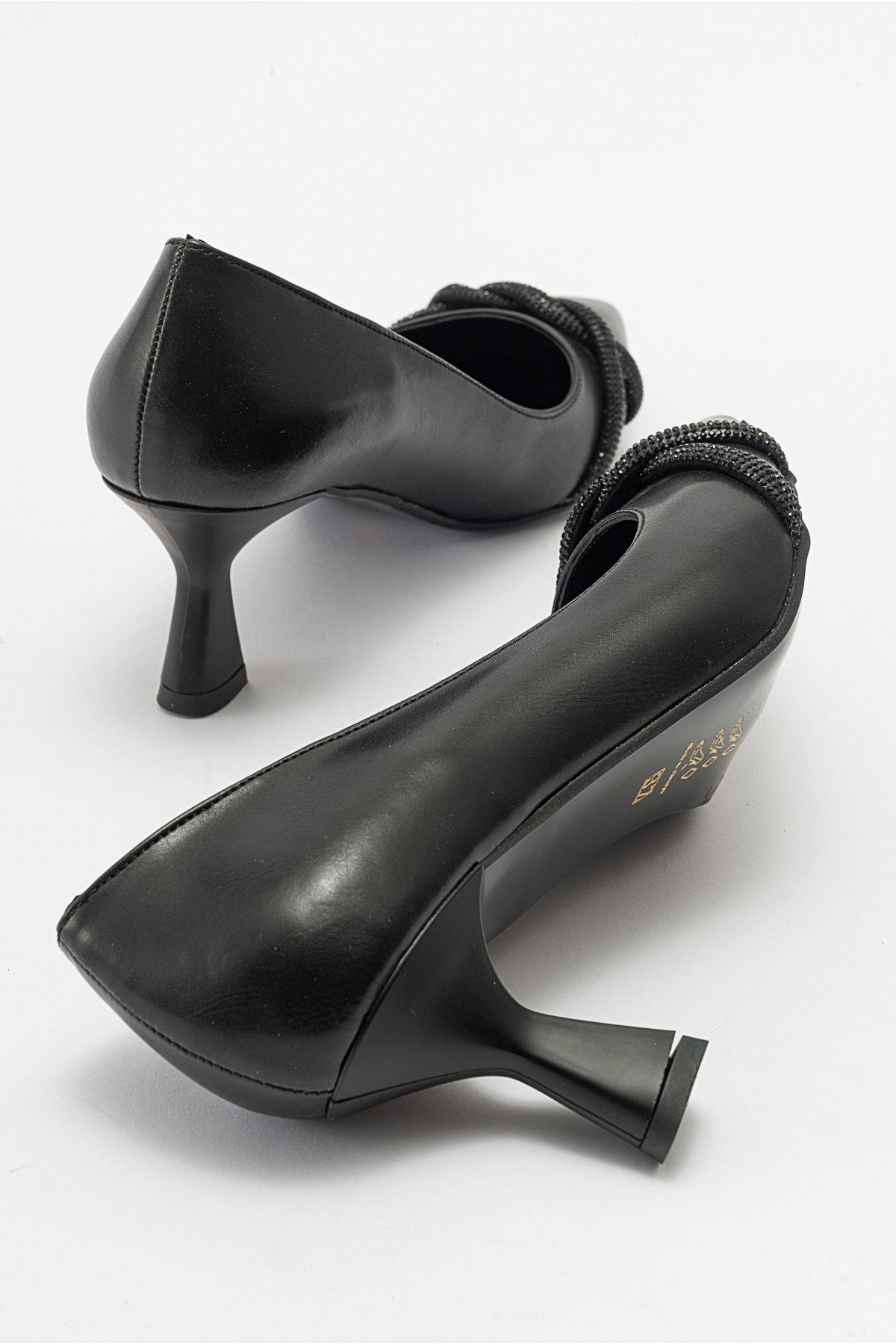 Çapraz Taşlı Kadın Stiletto Ayakkabı SİYAH CİLT SİYAH - Görsel 5