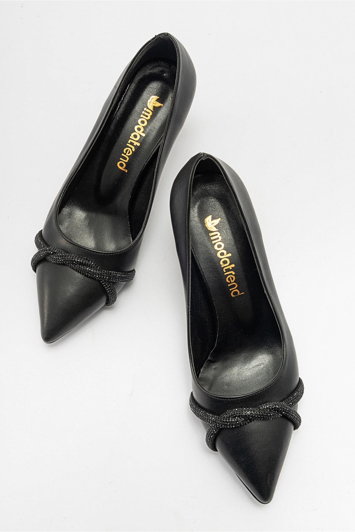 Çapraz Taşlı Kadın Stiletto Ayakkabı SİYAH CİLT SİYAH - Görsel 6