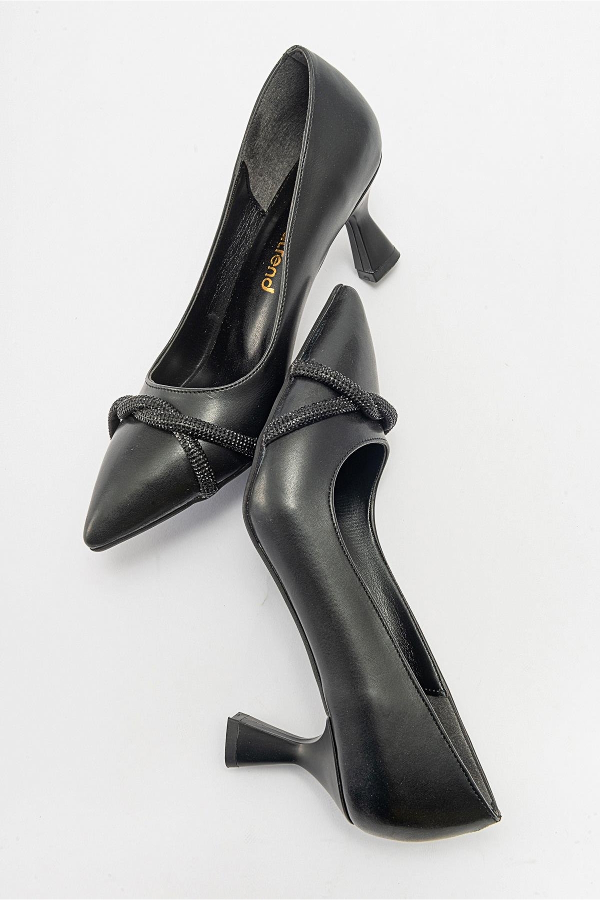 Çapraz Taşlı Kadın Stiletto Ayakkabı SİYAH CİLT SİYAH - Görsel 7