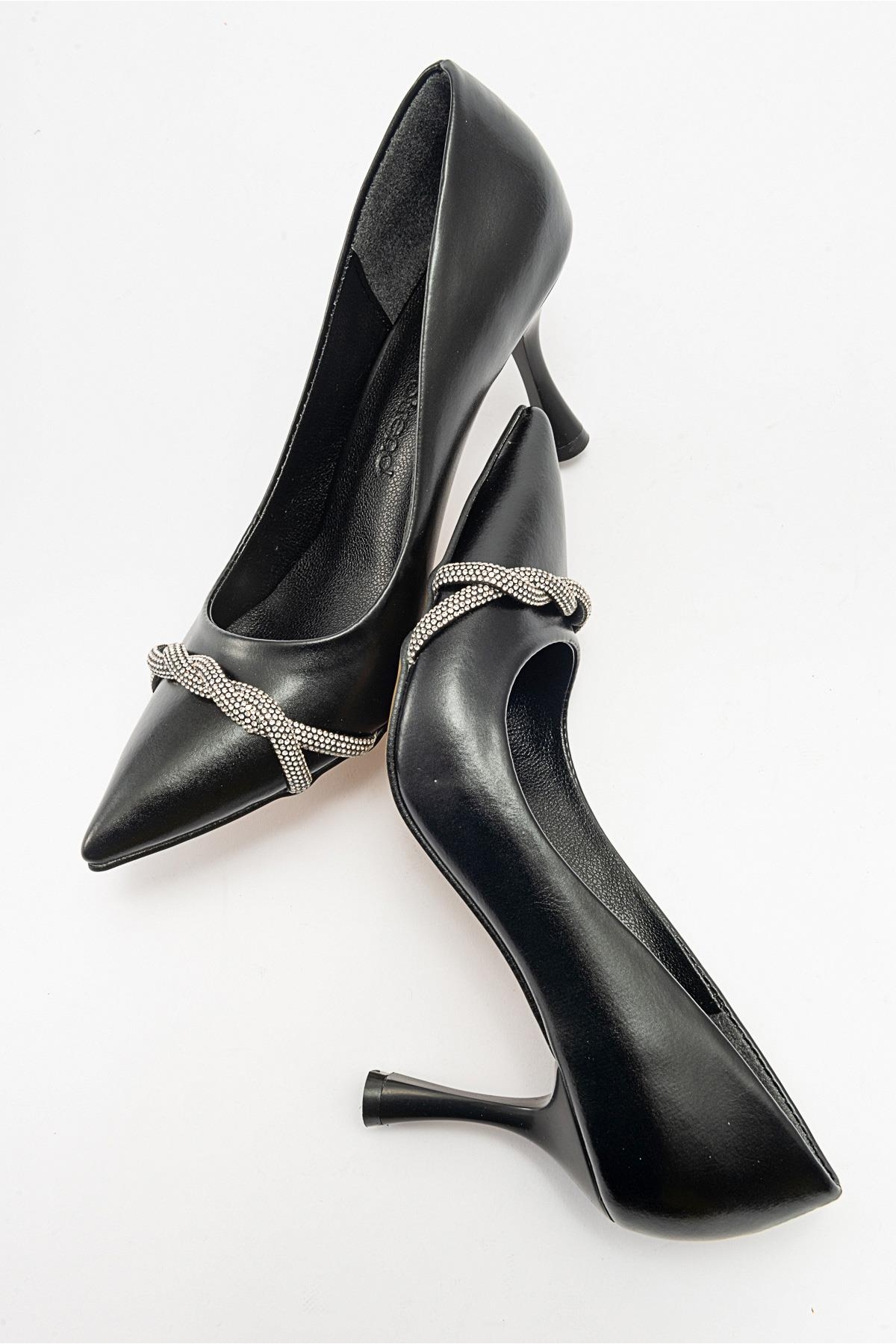Kadın Dolama Taşlı Stiletto SİYAH CİLT - Görsel 7