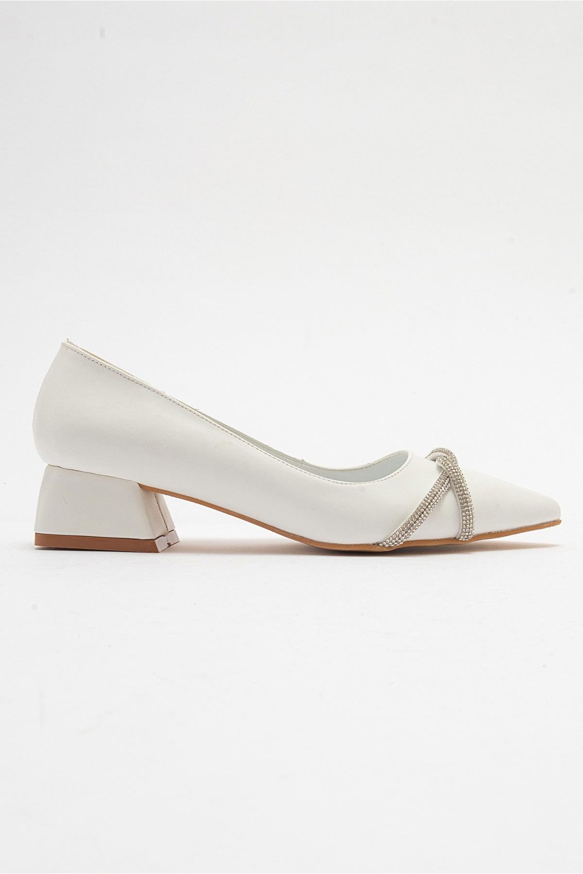Çapraz Taşlı Kadın Topuklu Ayakkabı BEYAZ CİLT - Görsel 3
