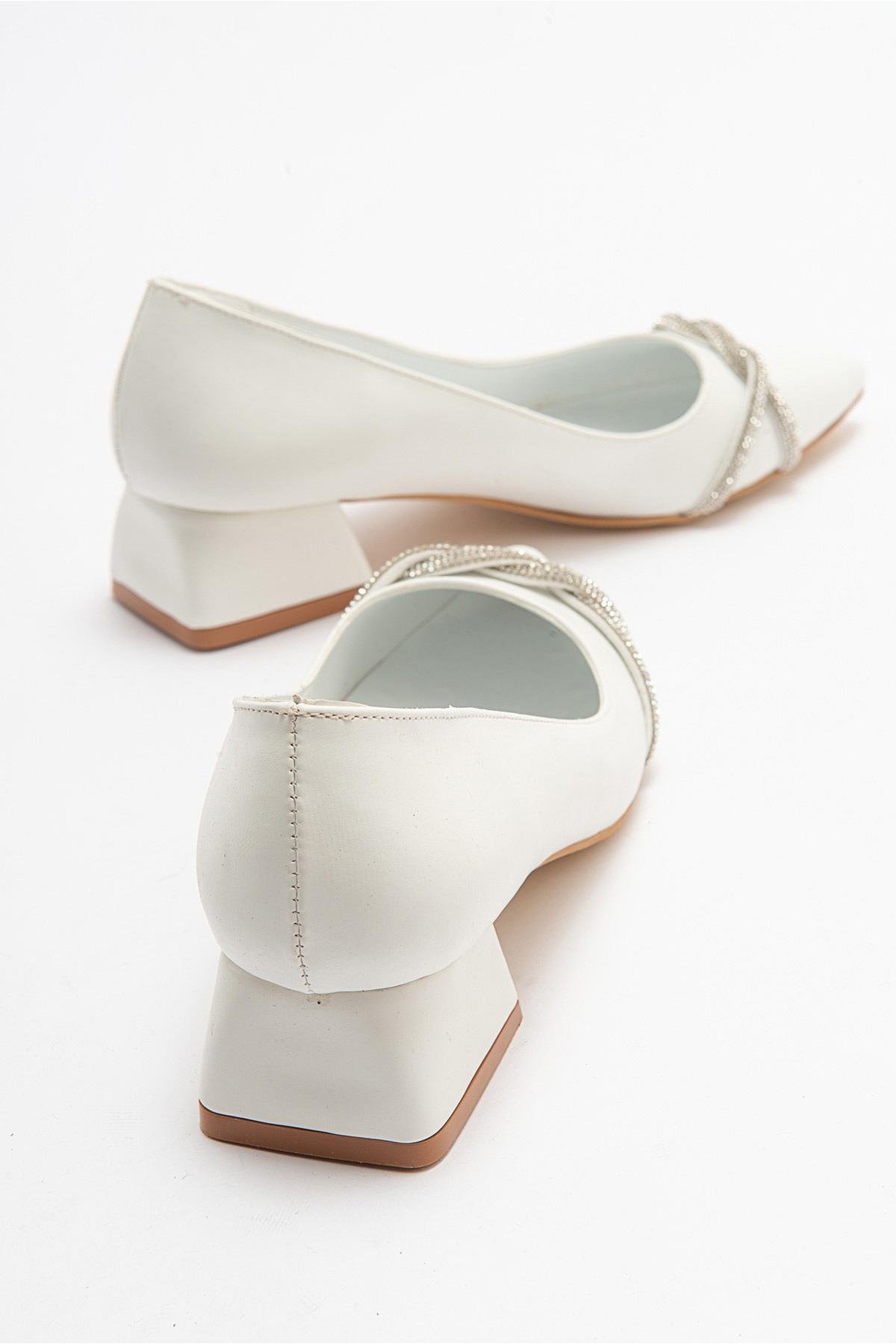 Çapraz Taşlı Kadın Topuklu Ayakkabı BEYAZ CİLT - Görsel 5