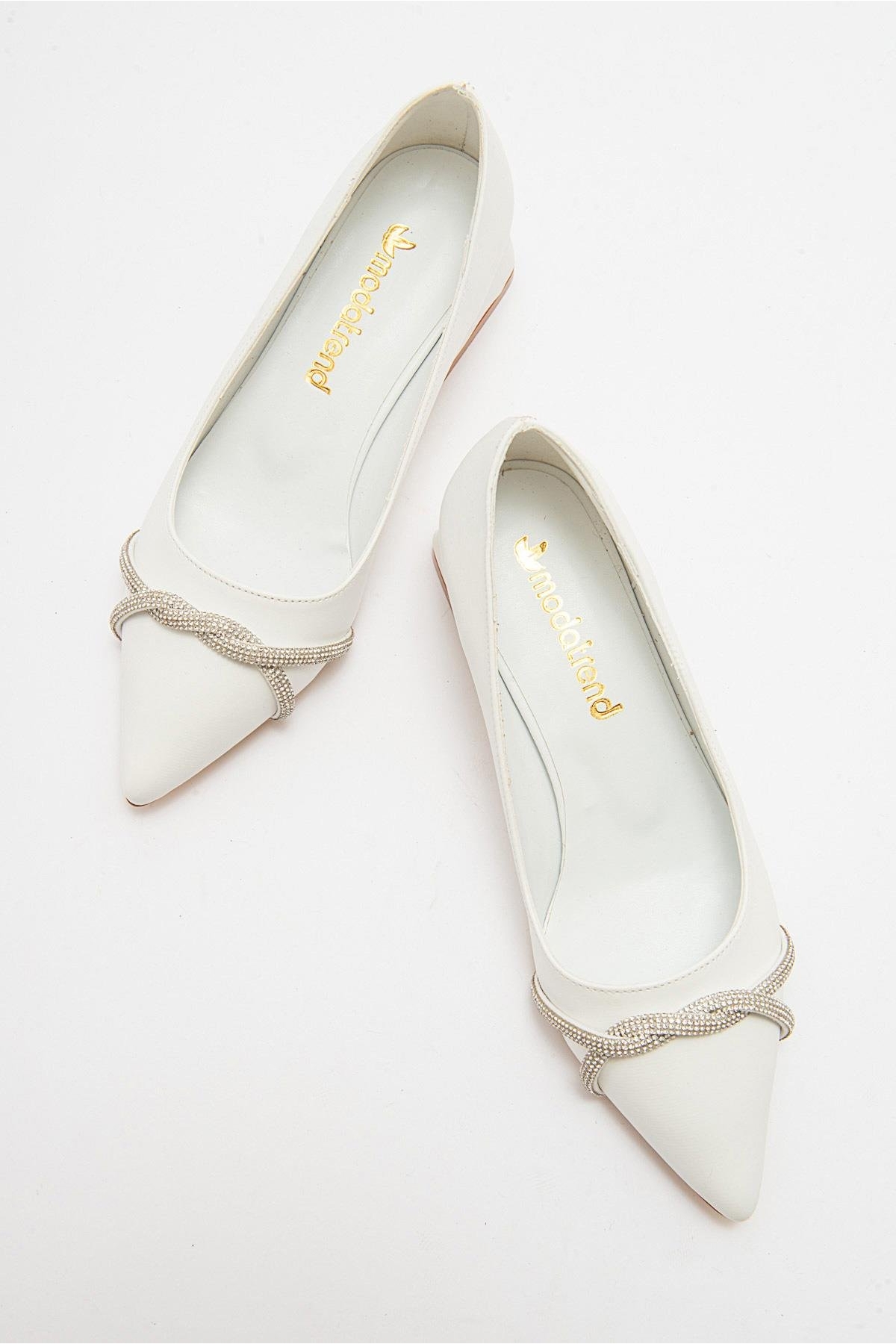 Çapraz Taşlı Kadın Topuklu Ayakkabı BEYAZ CİLT - Görsel 6