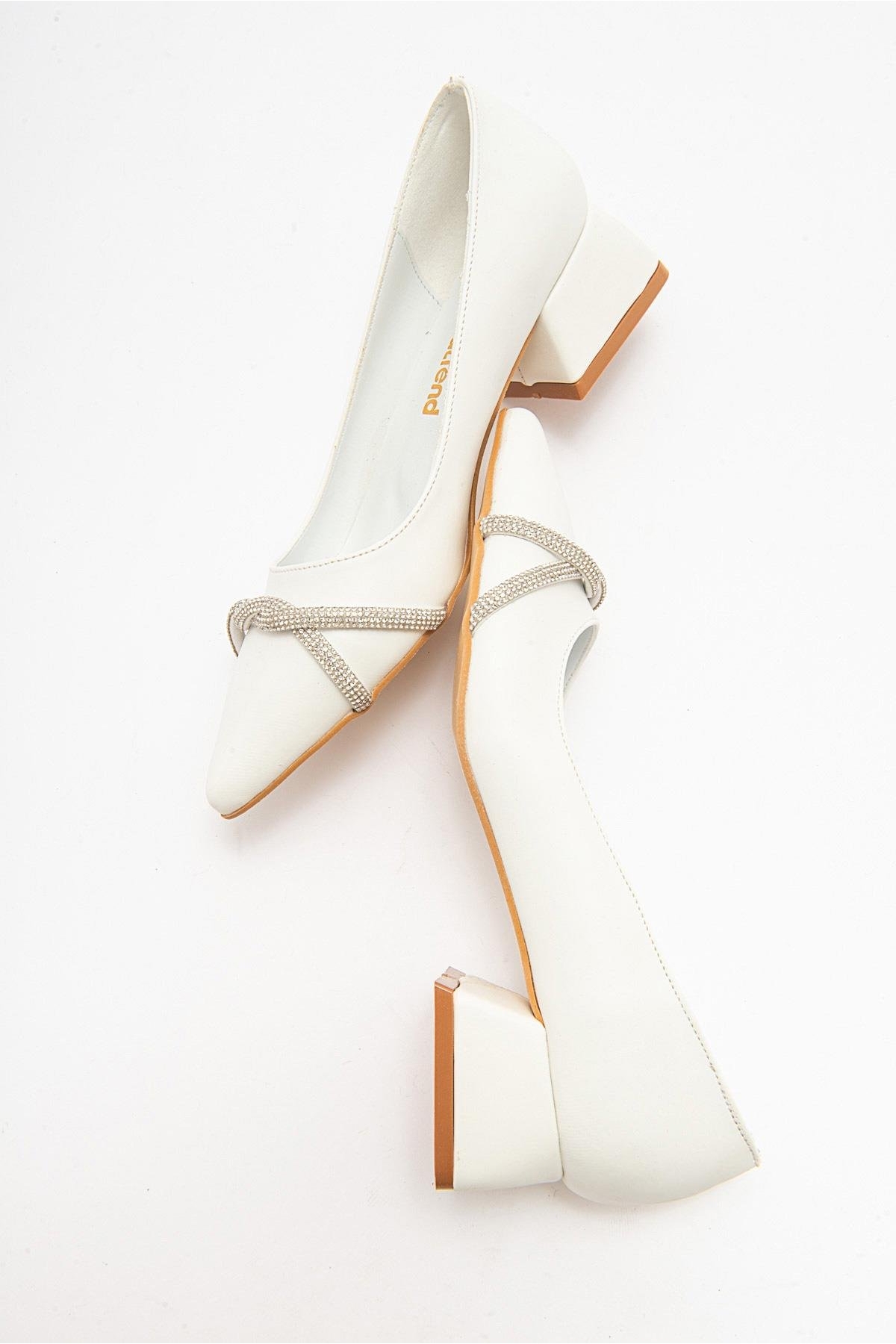 Çapraz Taşlı Kadın Topuklu Ayakkabı BEYAZ CİLT - Görsel 7