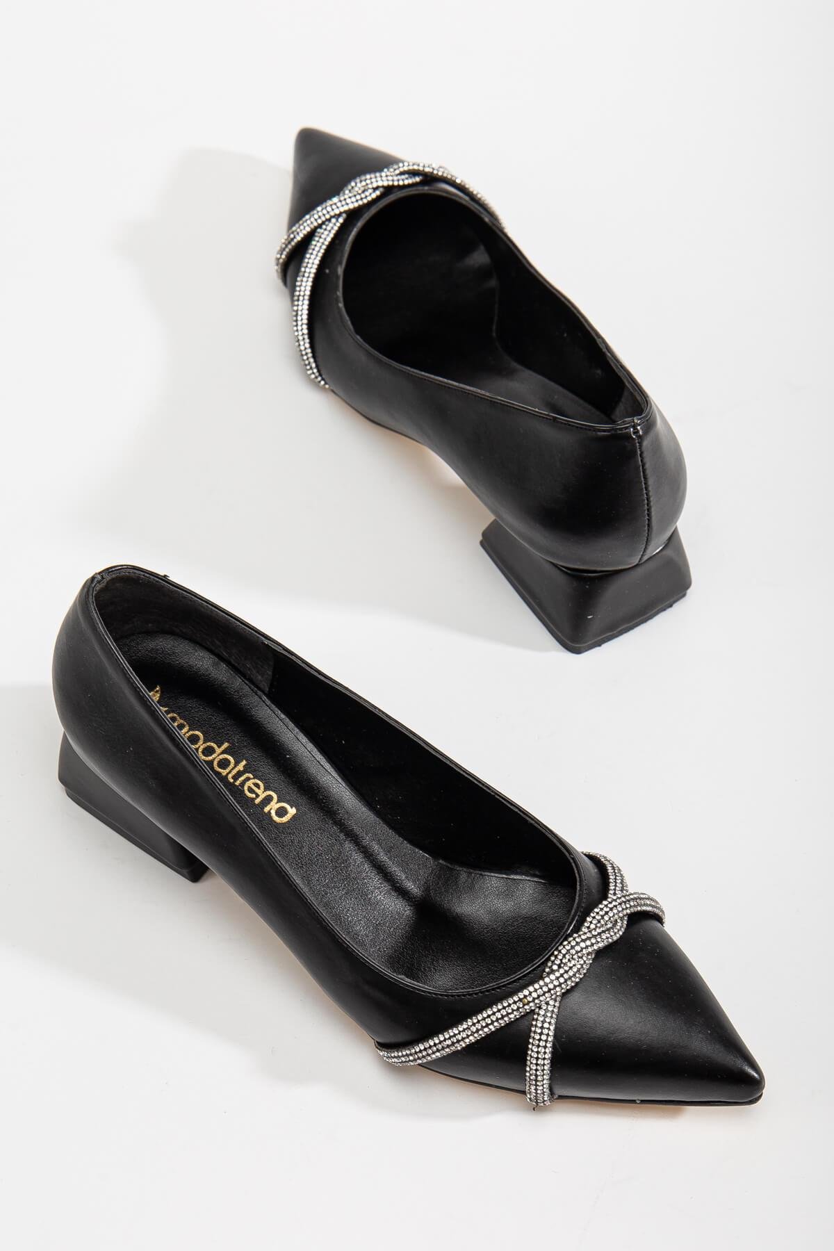 Çapraz Taşlı Kadın Topuklu Ayakkabı SİYAH CİLT - Görsel 3