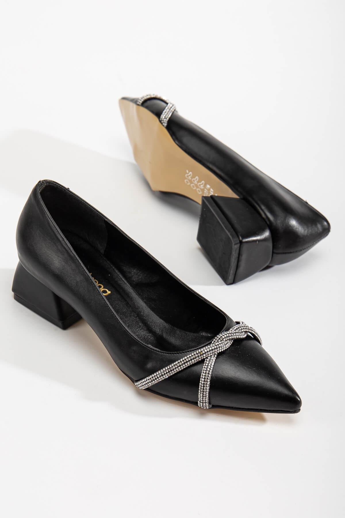 Çapraz Taşlı Kadın Topuklu Ayakkabı SİYAH CİLT - Görsel 4