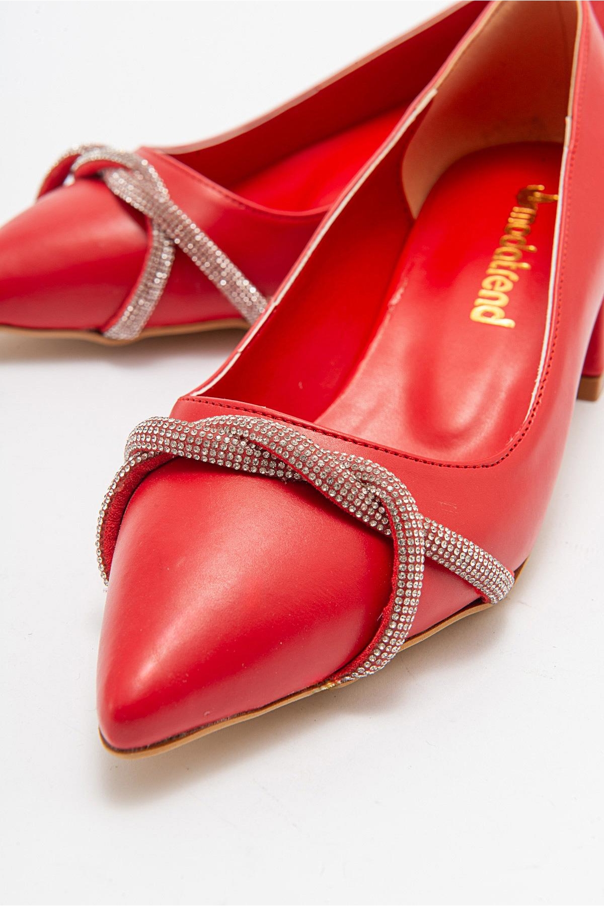 Çapraz Taşlı Kadın Topuklu Ayakkabı KIRMIZI CİLT - Görsel 4
