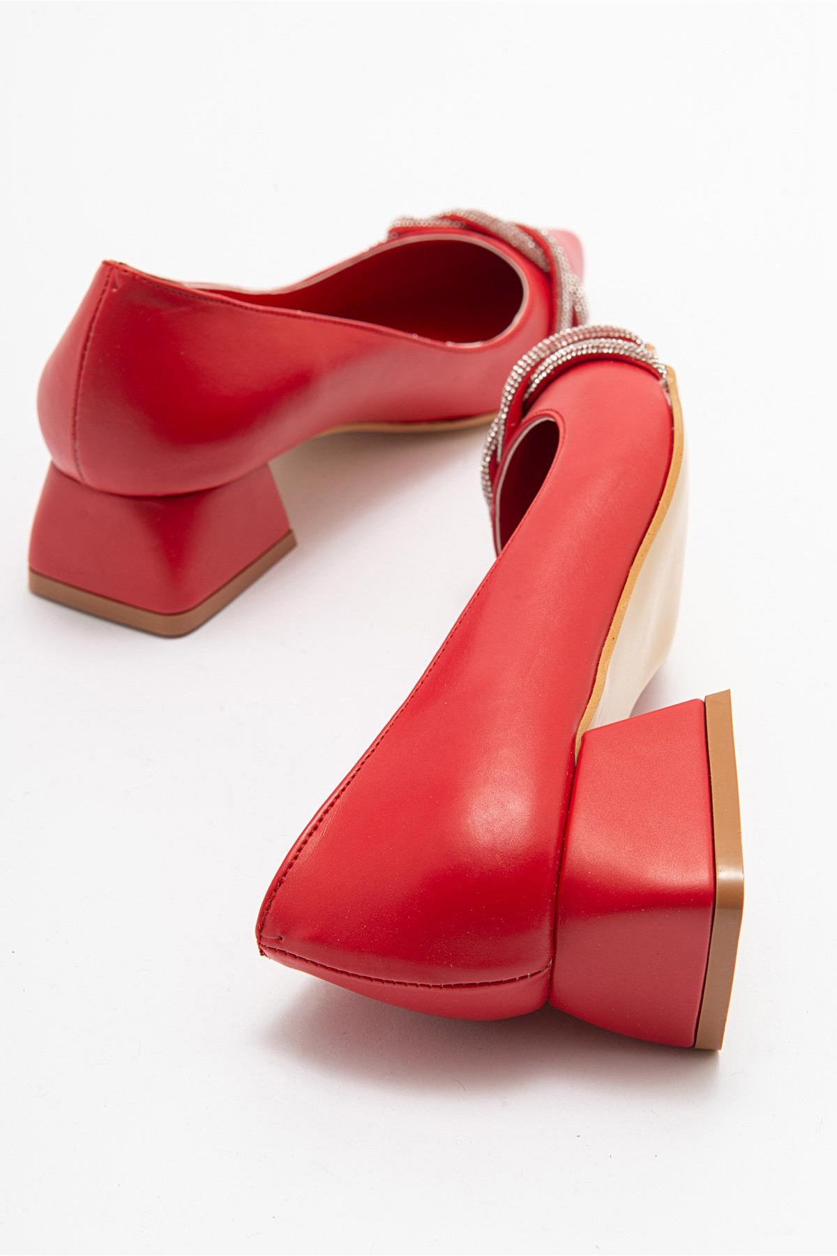 Çapraz Taşlı Kadın Topuklu Ayakkabı KIRMIZI CİLT - Görsel 5