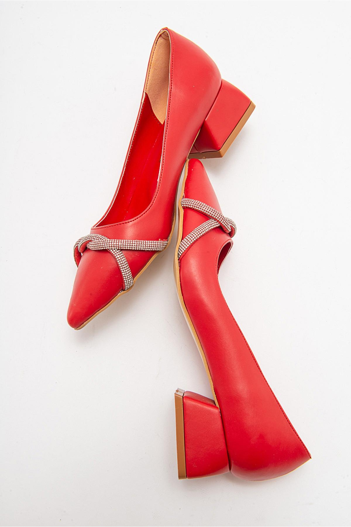Çapraz Taşlı Kadın Topuklu Ayakkabı KIRMIZI CİLT - Görsel 7
