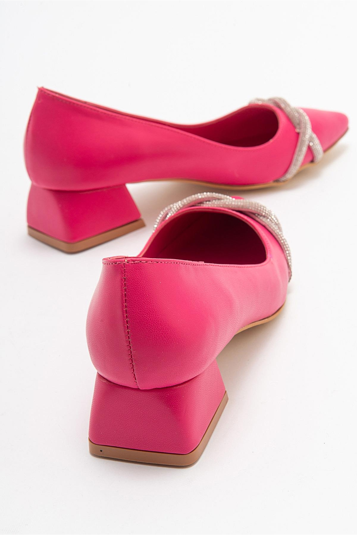 Çapraz Taşlı Kadın Topuklu Ayakkabı FUŞYA CİLT - Görsel 5