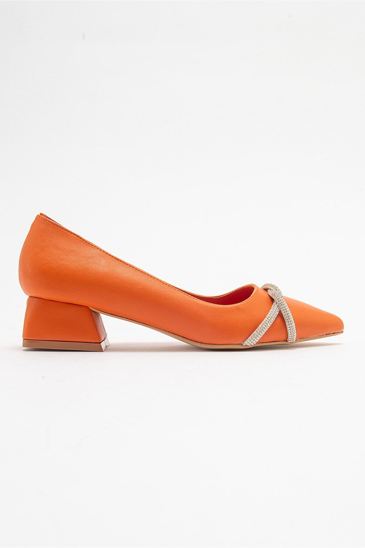 Çapraz Taşlı Kadın Topuklu Ayakkabı TURUNCU CİLT - Görsel 3