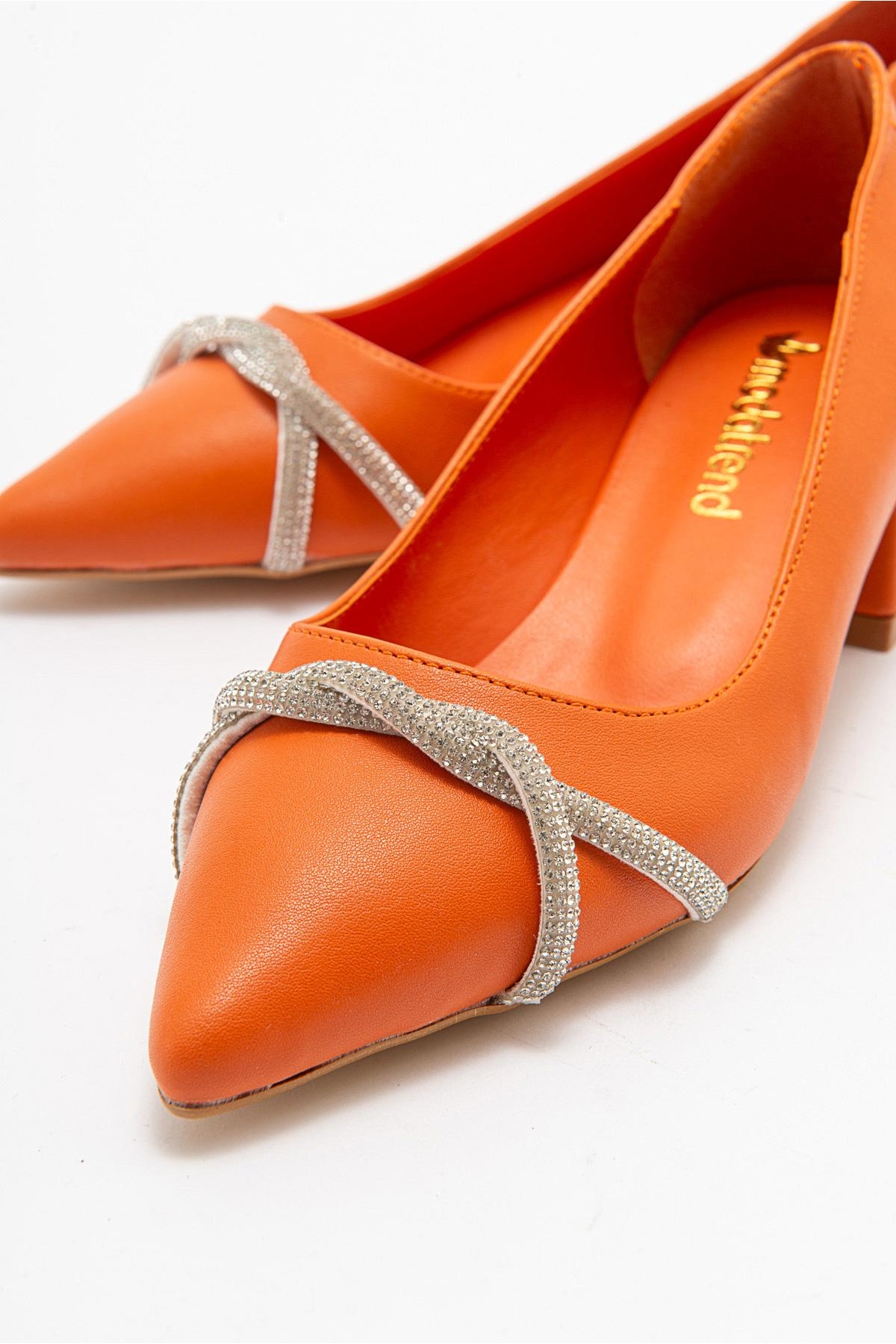 Çapraz Taşlı Kadın Topuklu Ayakkabı TURUNCU CİLT - Görsel 4