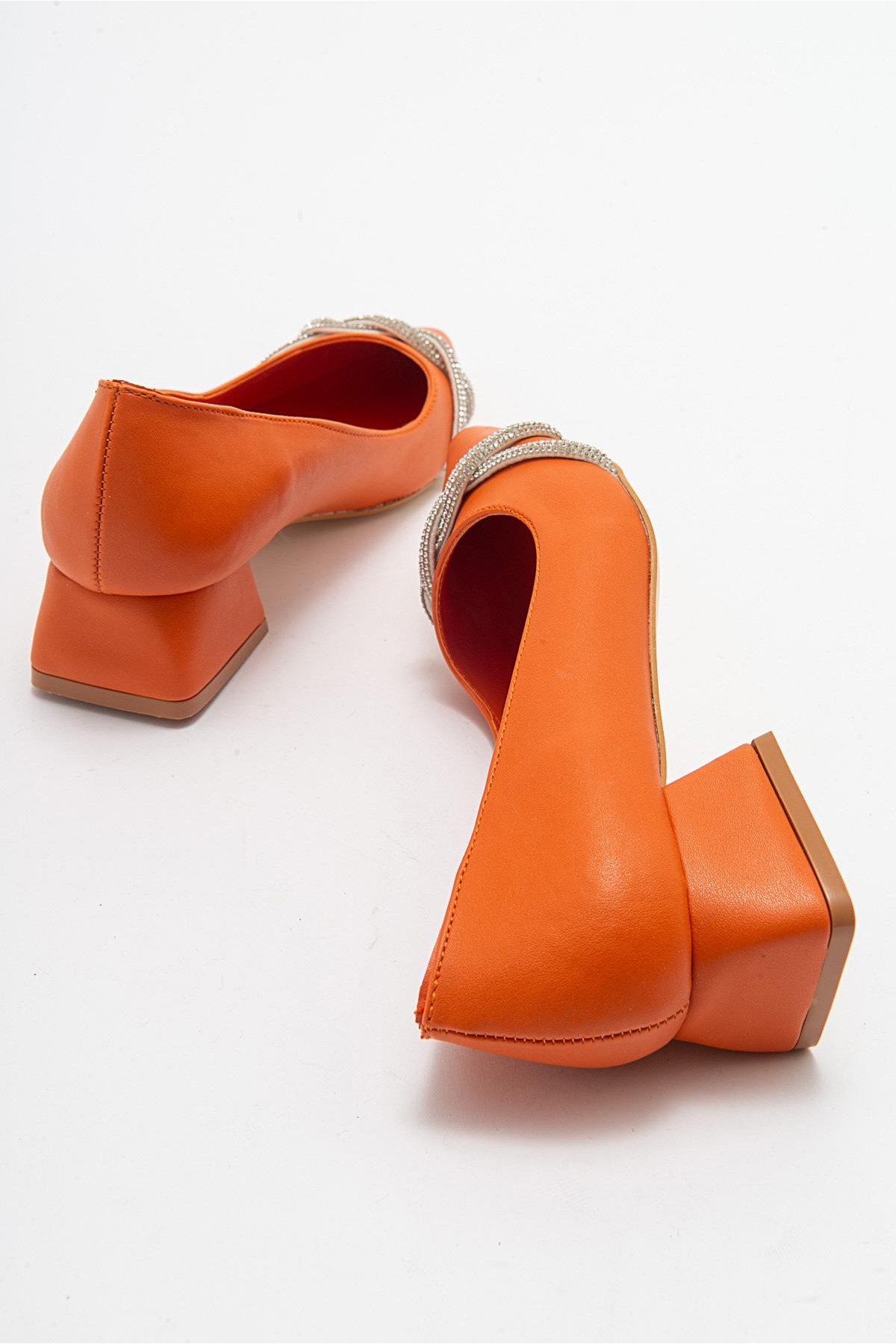 Çapraz Taşlı Kadın Topuklu Ayakkabı TURUNCU CİLT - Görsel 5