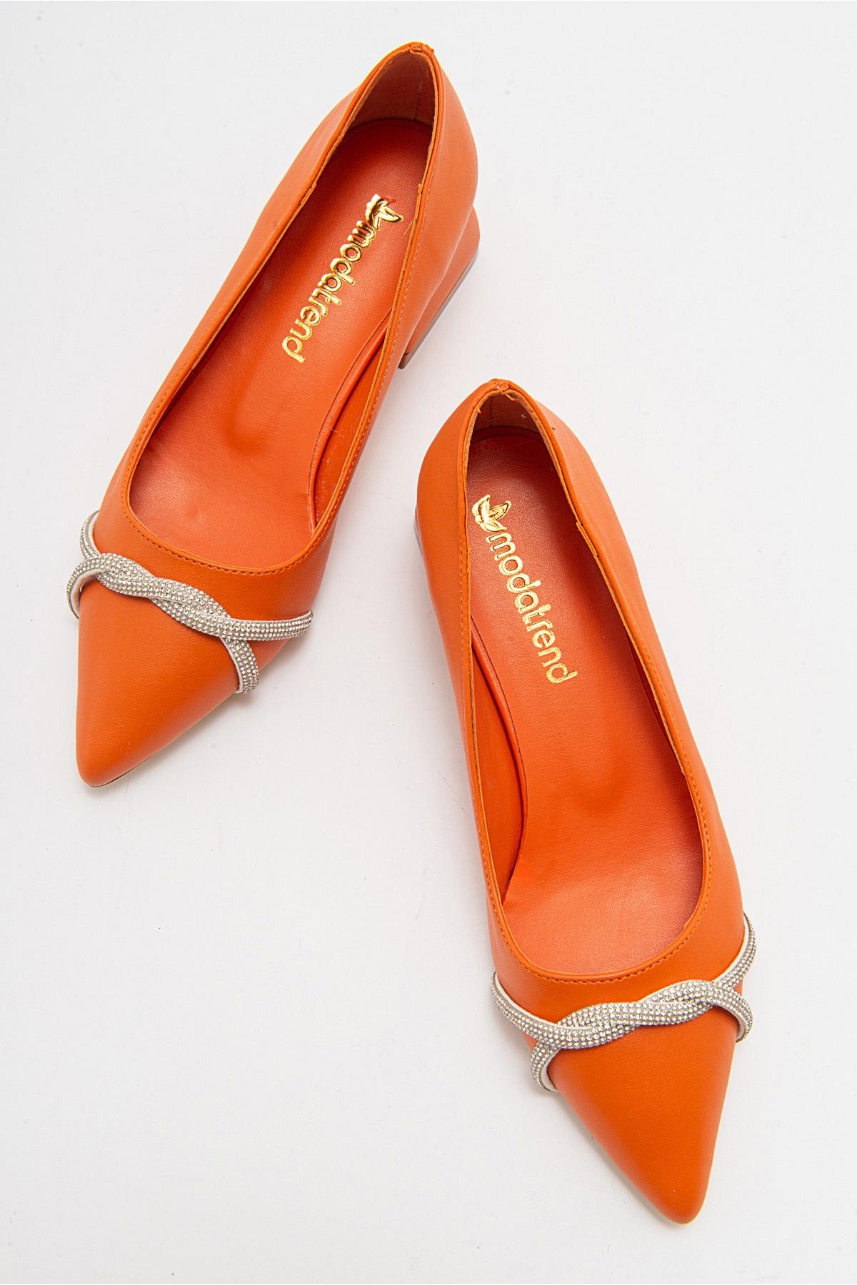 Çapraz Taşlı Kadın Topuklu Ayakkabı TURUNCU CİLT - Görsel 6