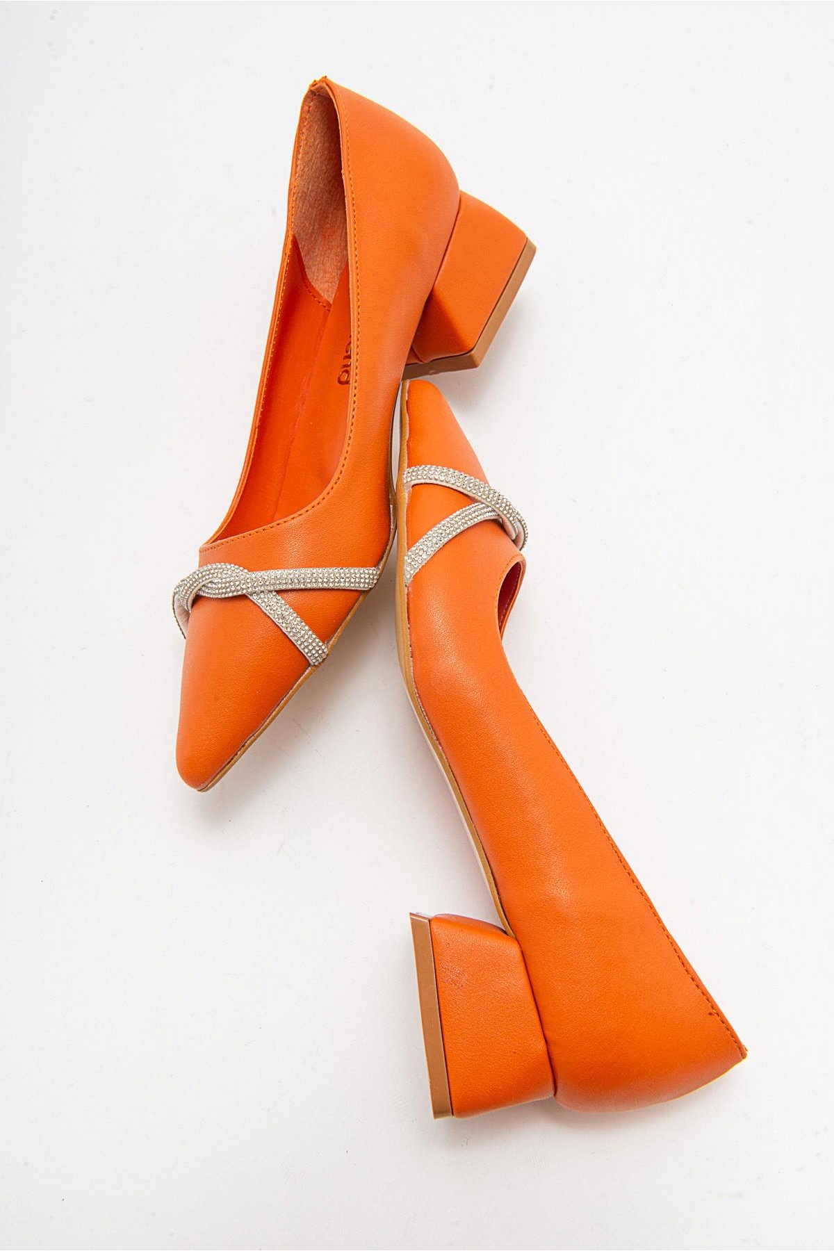 Çapraz Taşlı Kadın Topuklu Ayakkabı TURUNCU CİLT - Görsel 7