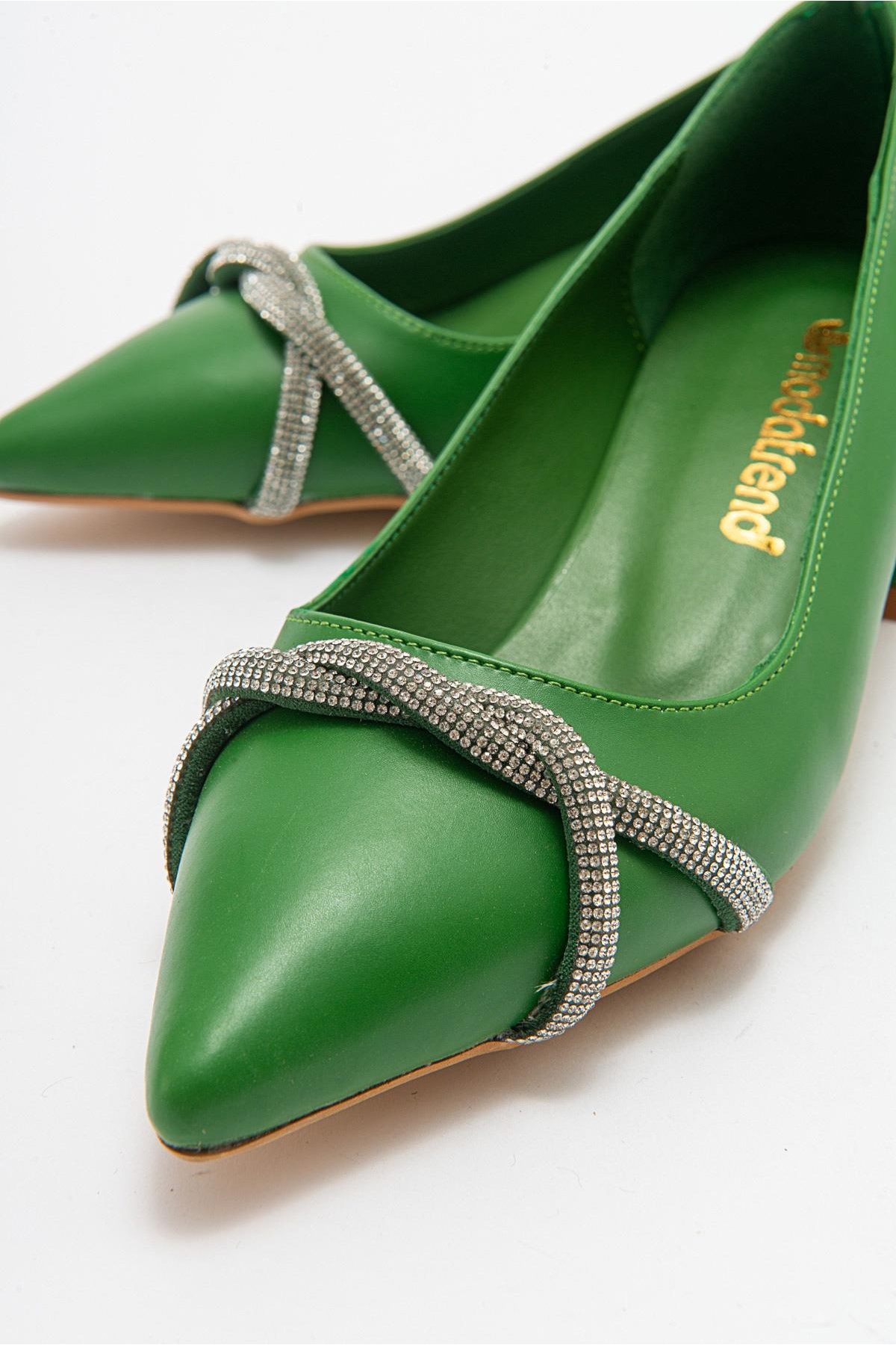 Çapraz Taşlı Kadın Topuklu Ayakkabı ÇİMEN YEŞİLİ CİLT - Görsel 4