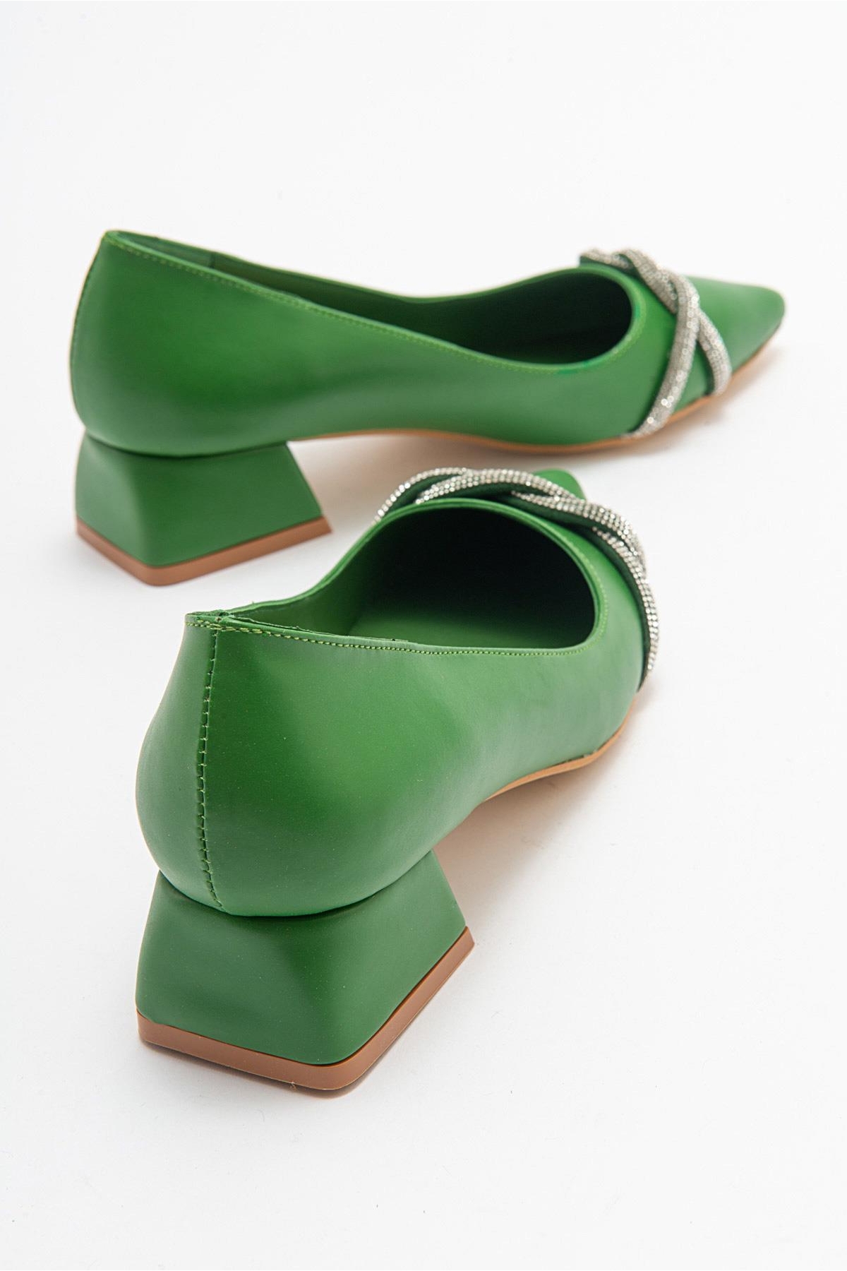 Çapraz Taşlı Kadın Topuklu Ayakkabı ÇİMEN YEŞİLİ CİLT - Görsel 5