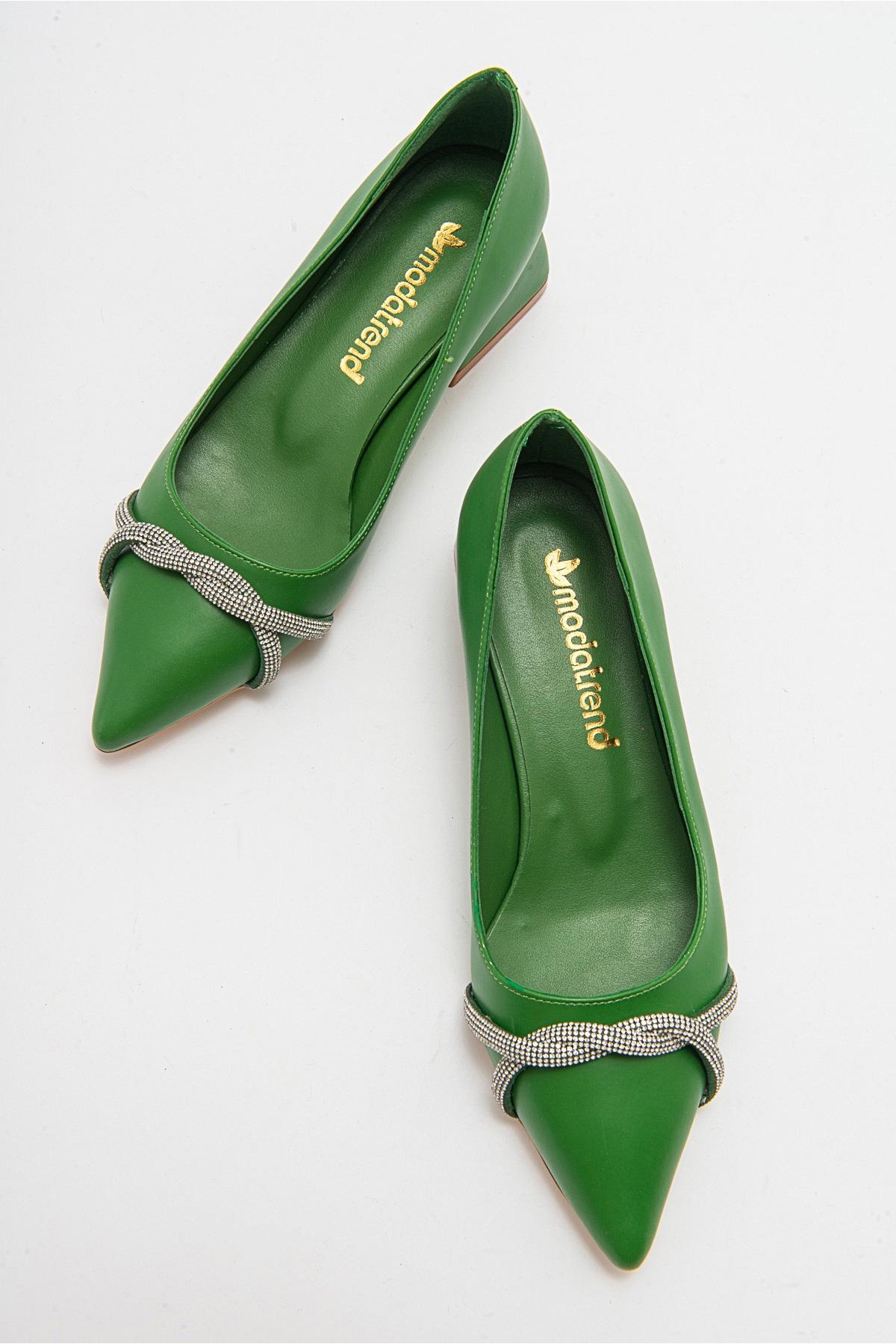 Çapraz Taşlı Kadın Topuklu Ayakkabı ÇİMEN YEŞİLİ CİLT - Görsel 6