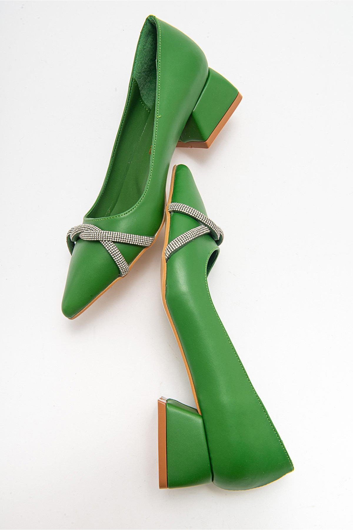 Çapraz Taşlı Kadın Topuklu Ayakkabı ÇİMEN YEŞİLİ CİLT - Görsel 7