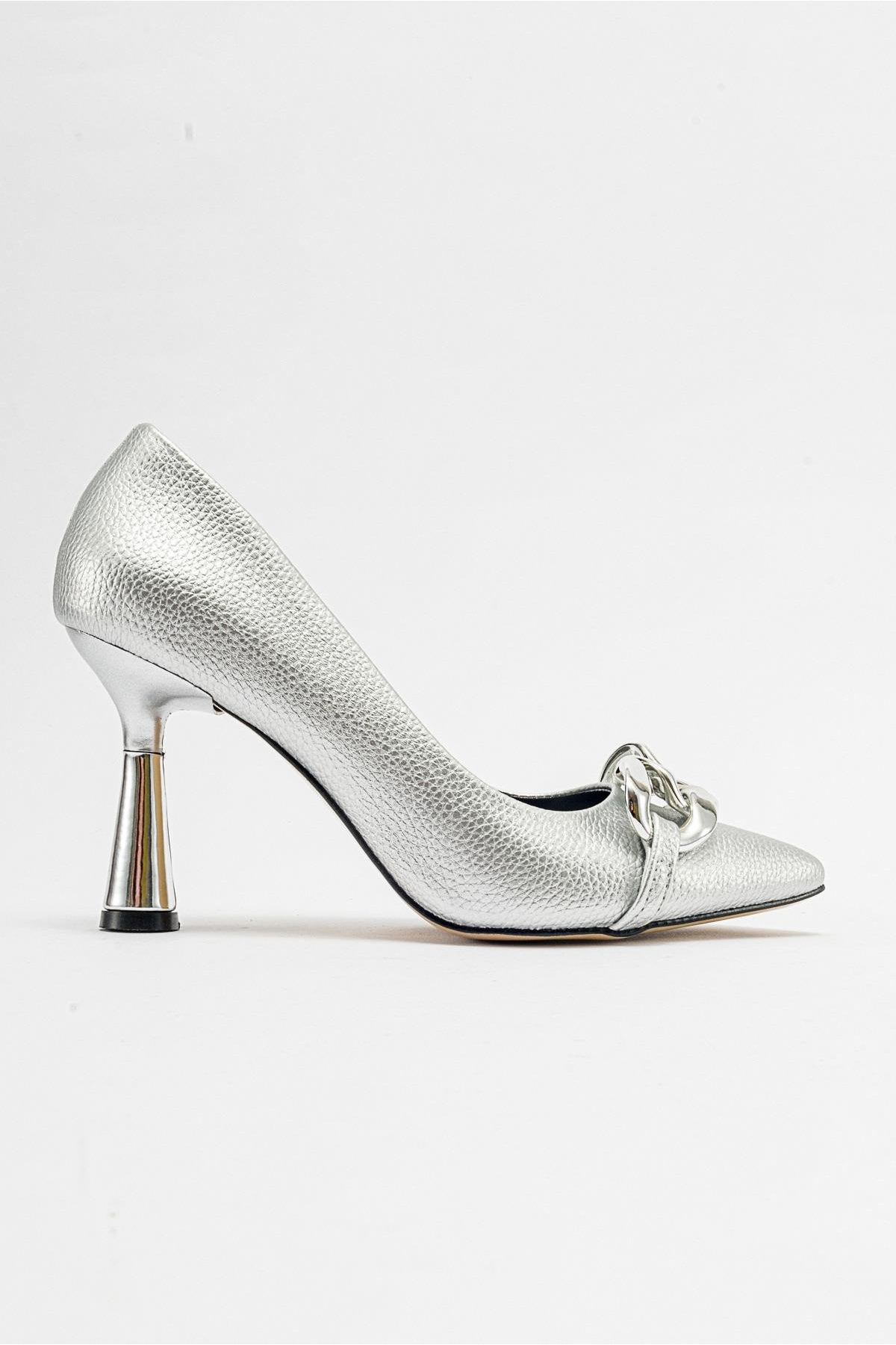 Kadın Zincirli Topuklu Ayakkabı GÜMÜŞ BASKILI - Görsel 3