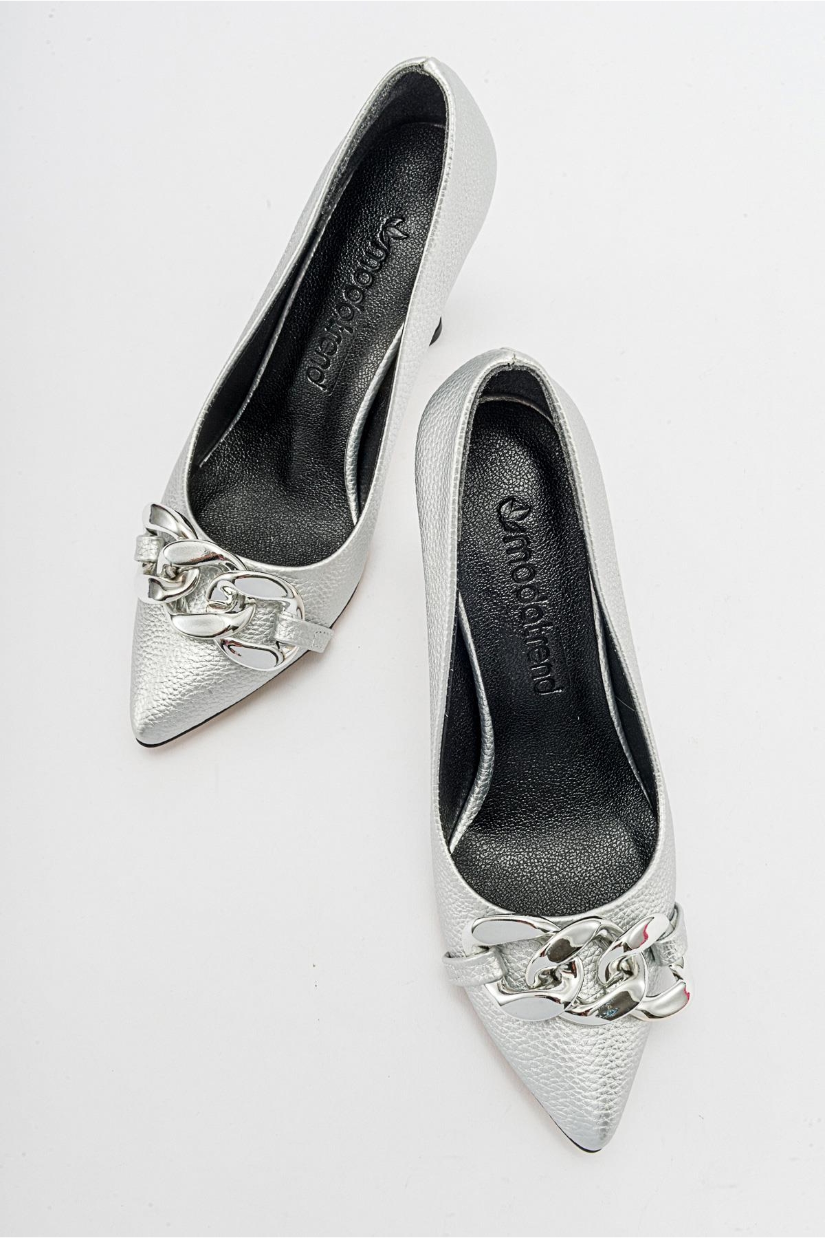 Kadın Zincirli Topuklu Ayakkabı GÜMÜŞ BASKILI - Görsel 6