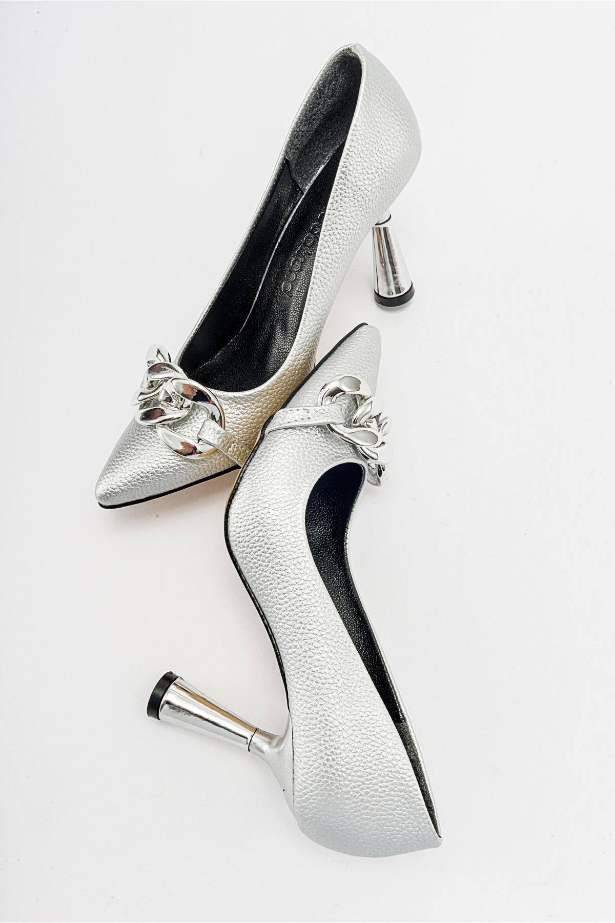 Kadın Zincirli Topuklu Ayakkabı GÜMÜŞ BASKILI - Görsel 7