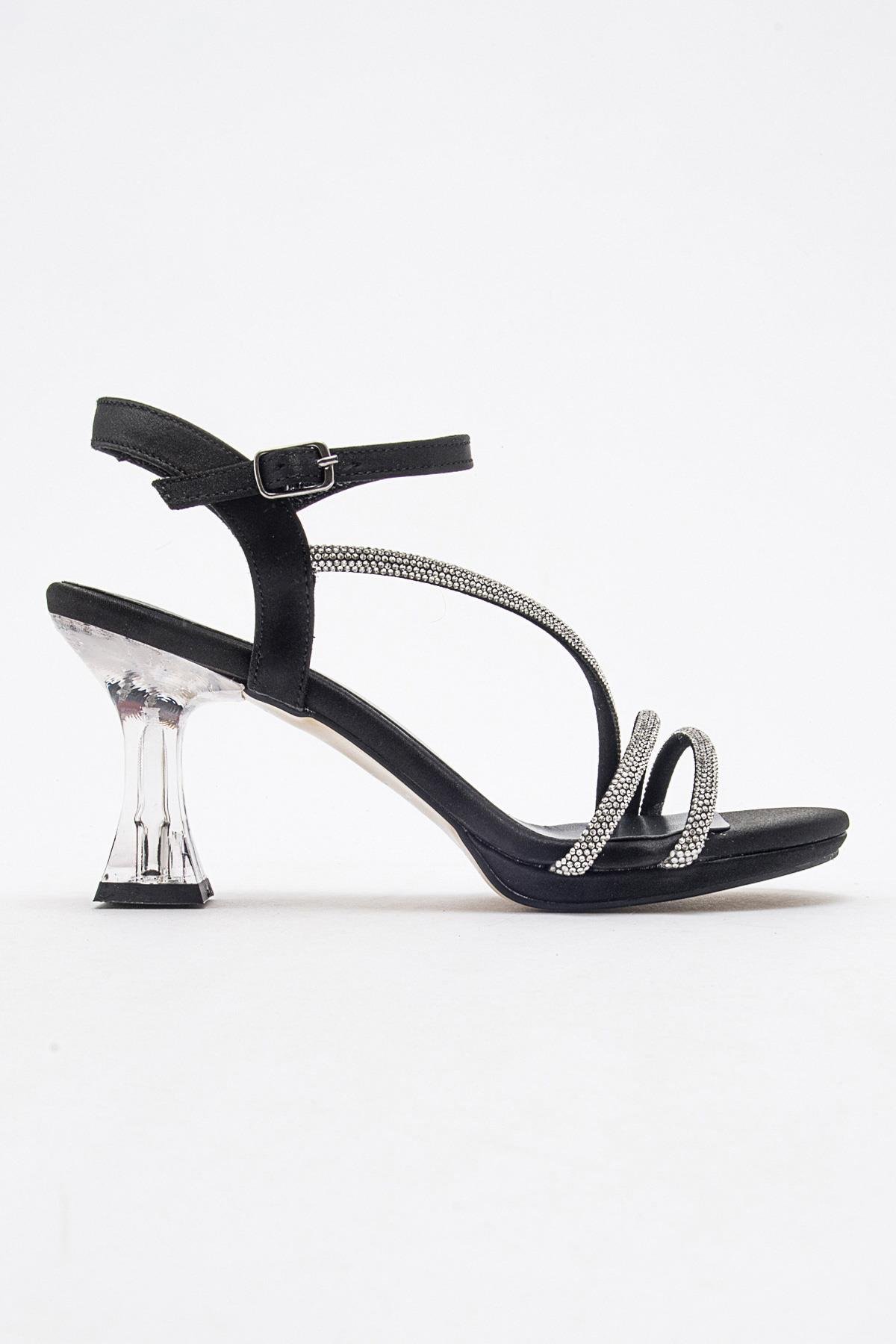 Kadın Taşlı Topuklu Sandalet SİYAH SATEN - Görsel 3
