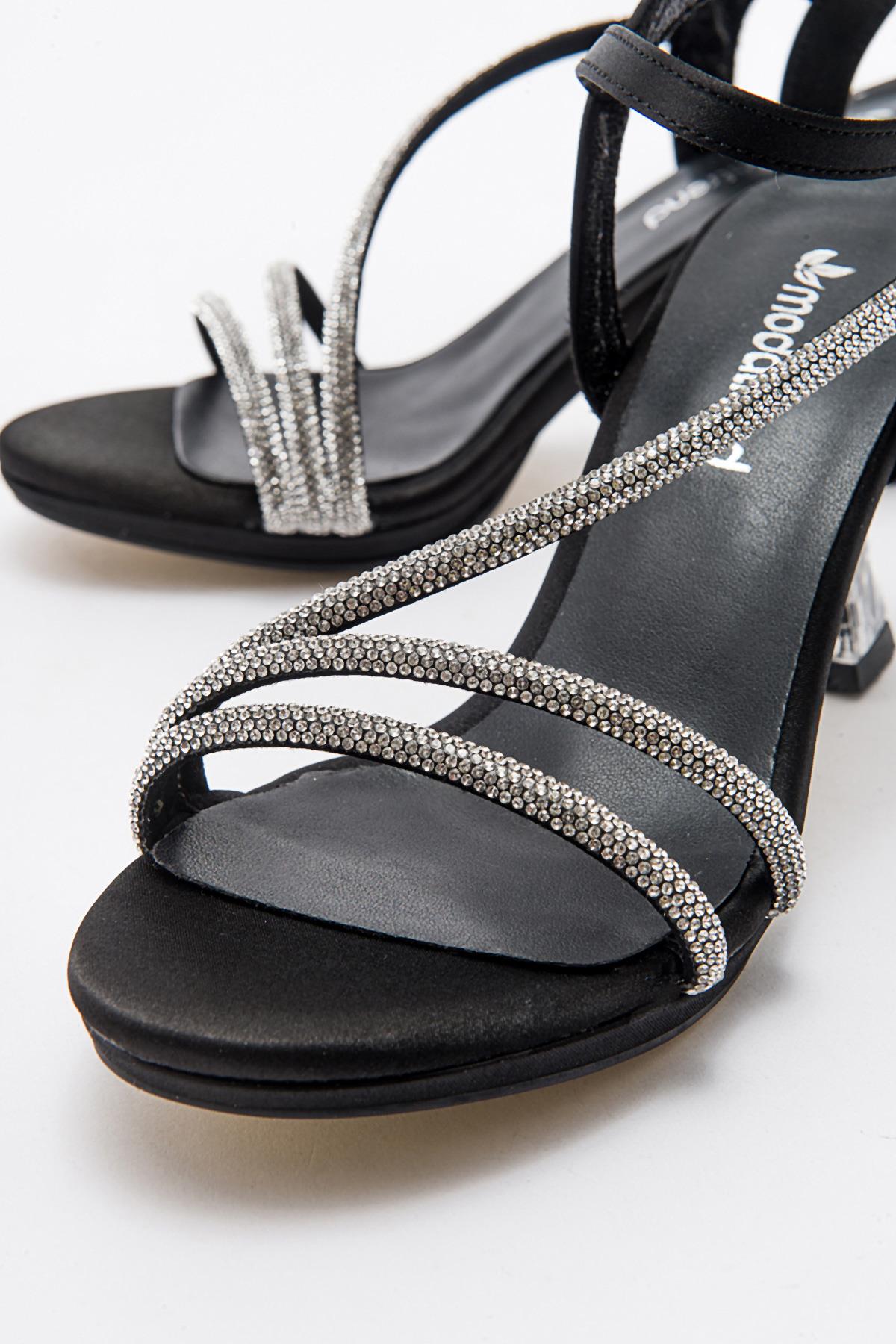 Kadın Taşlı Topuklu Sandalet SİYAH SATEN - Görsel 4