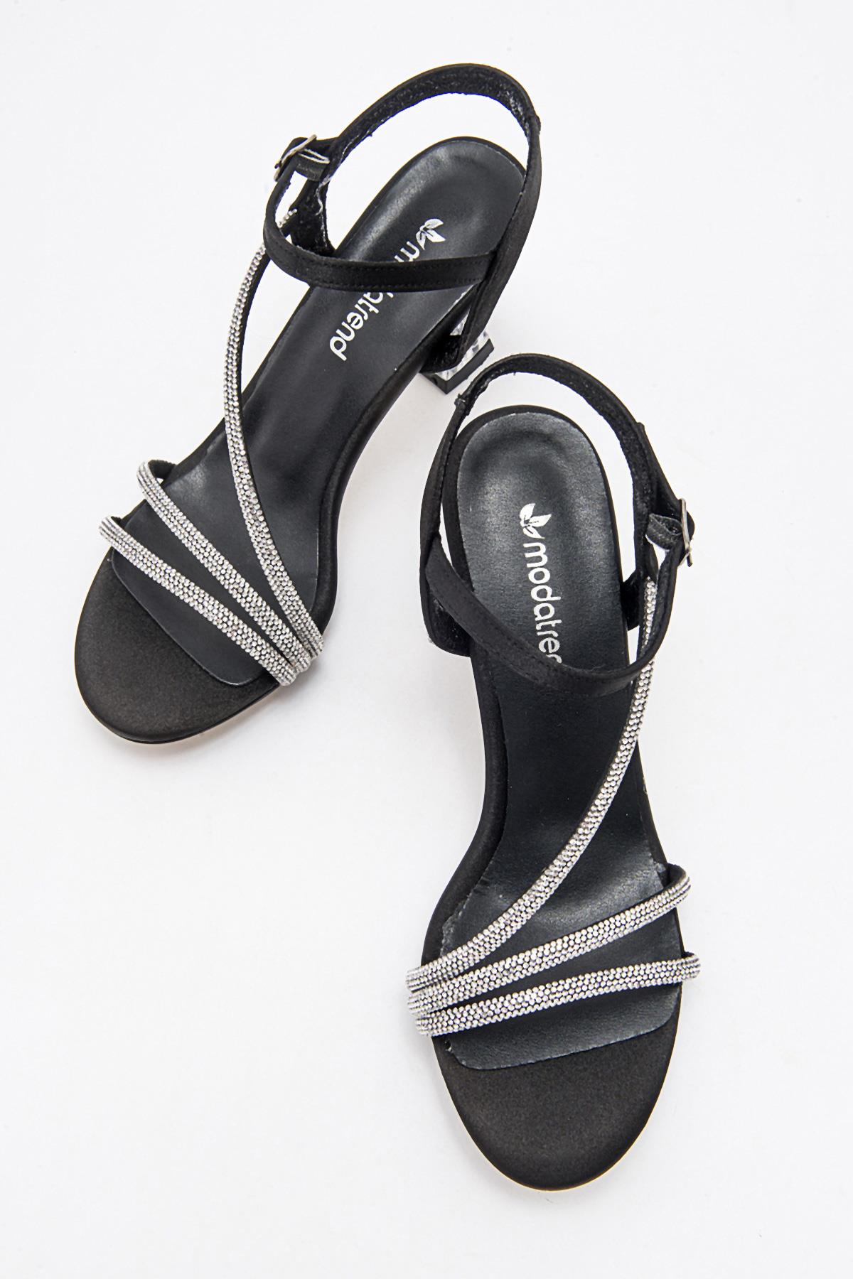 Kadın Taşlı Topuklu Sandalet SİYAH SATEN - Görsel 6