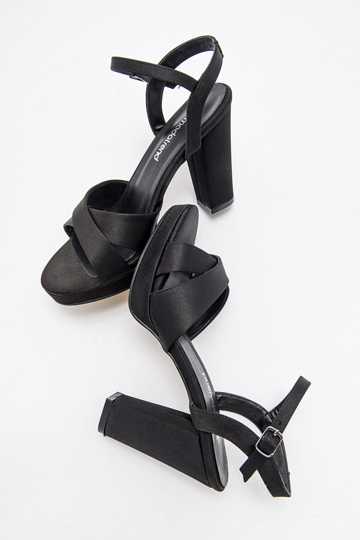 Kadın Çapraz Bant Topuklu Sandalet SİYAH SATEN - Görsel 7