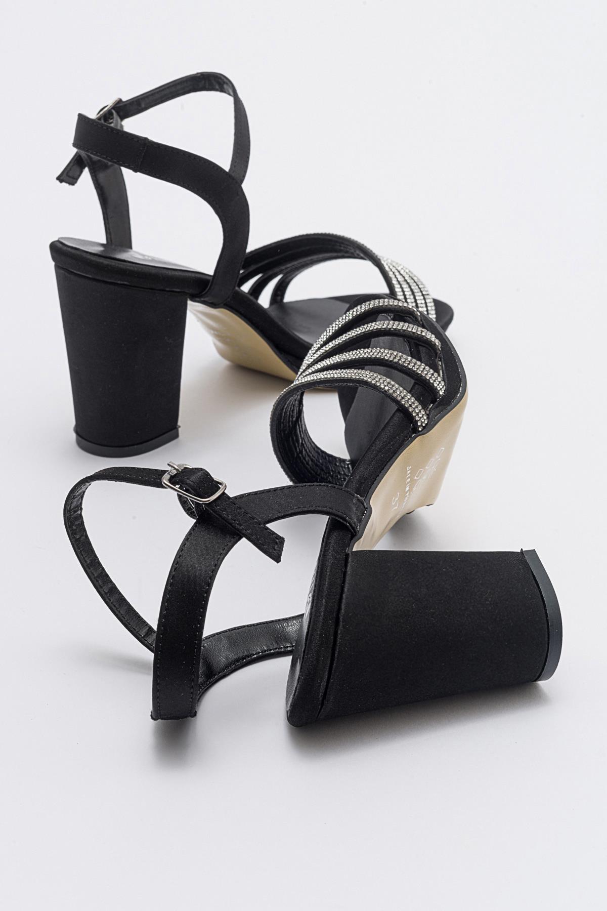 Kadın Çapraz Biyeli Taşlı Topuklu Sandalet SİYAH SATEN - Görsel 5