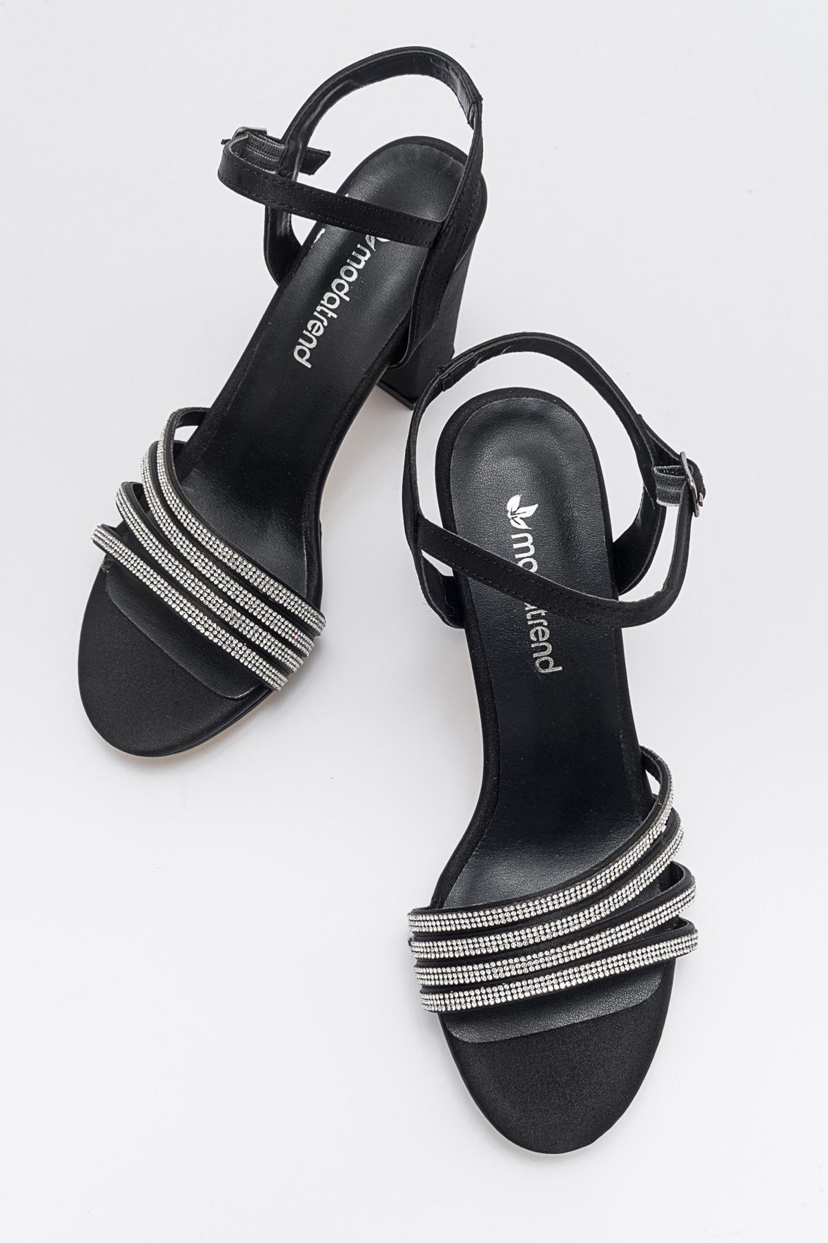 Kadın Çapraz Biyeli Taşlı Topuklu Sandalet SİYAH SATEN - Görsel 6