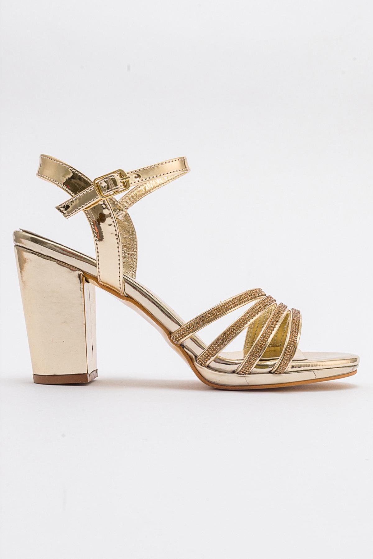 Kadın Çapraz Biyeli Taşlı Topuklu Sandalet ALTIN AYNA - Görsel 3