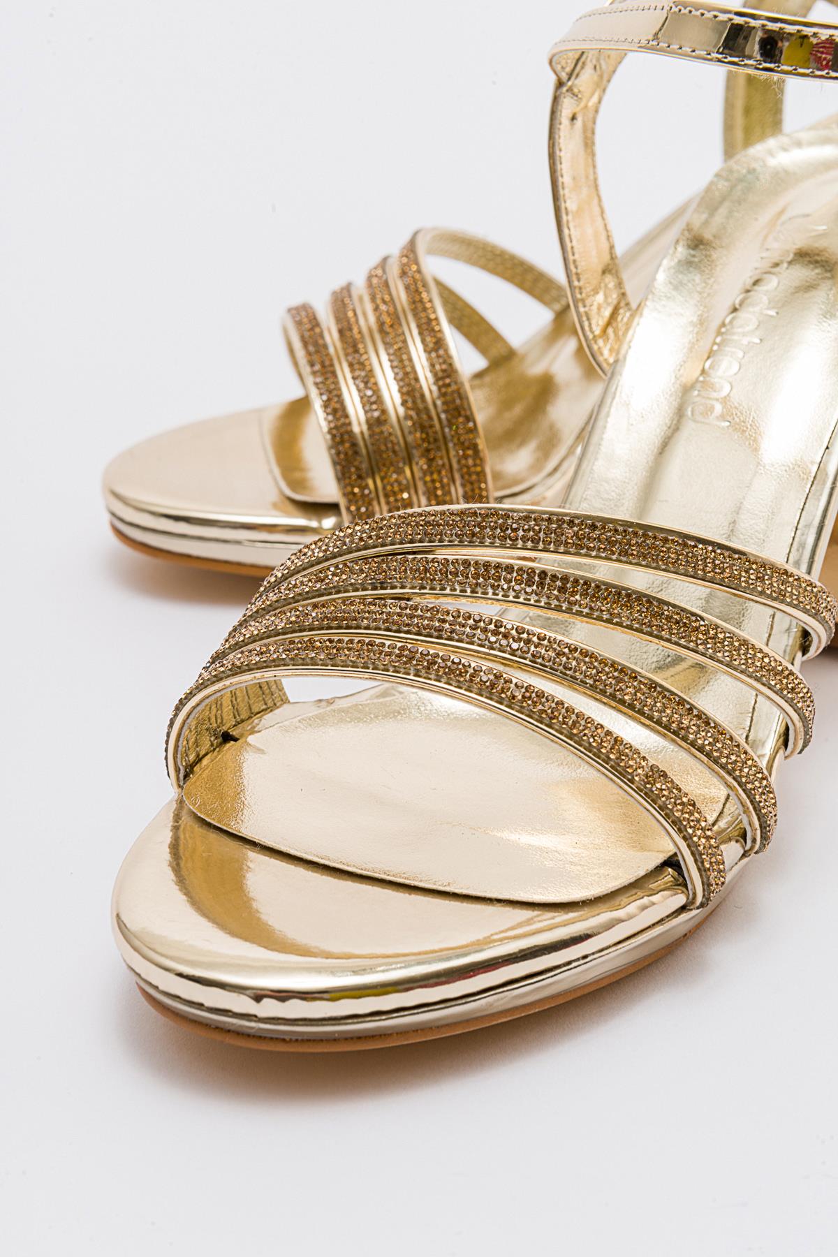 Kadın Çapraz Biyeli Taşlı Topuklu Sandalet ALTIN AYNA - Görsel 4