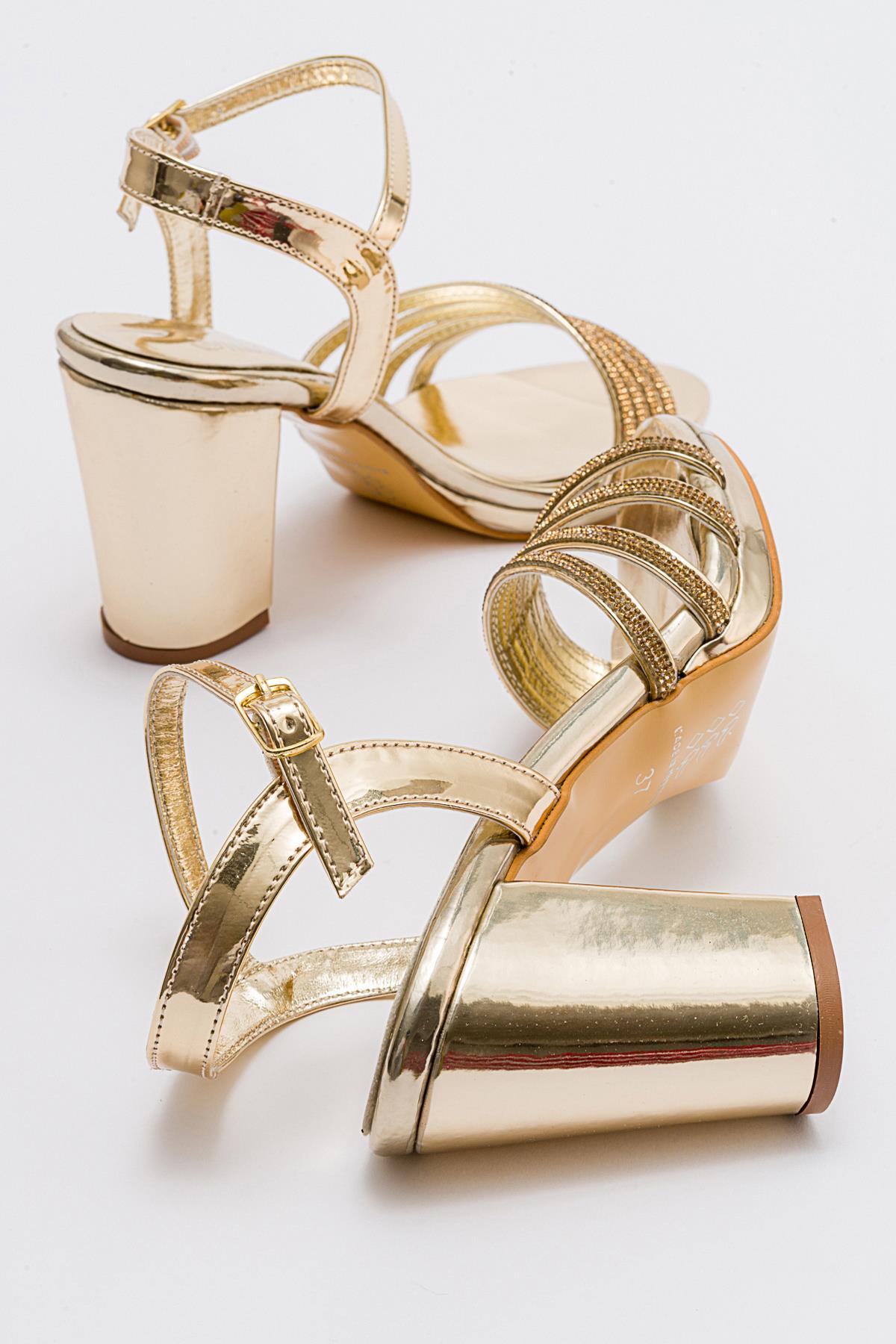 Kadın Çapraz Biyeli Taşlı Topuklu Sandalet ALTIN AYNA - Görsel 5