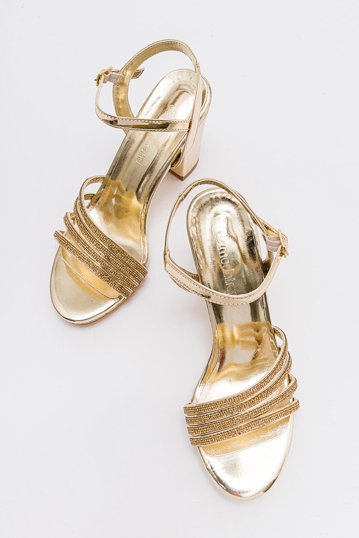 Kadın Çapraz Biyeli Taşlı Topuklu Sandalet ALTIN AYNA - Görsel 6