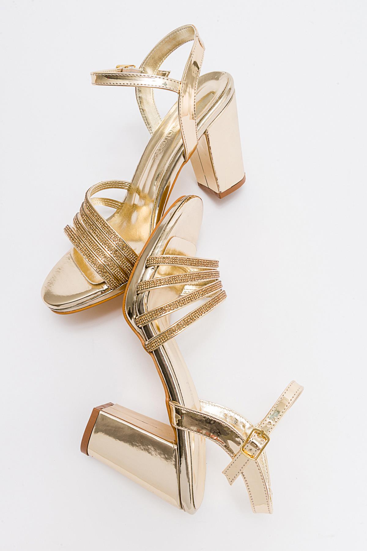 Kadın Çapraz Biyeli Taşlı Topuklu Sandalet ALTIN AYNA - Görsel 7