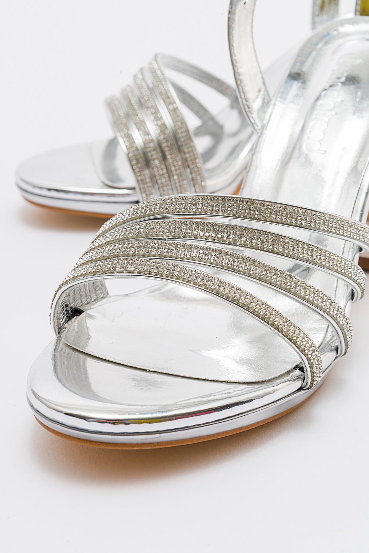 Kadın Çapraz Biyeli Taşlı Topuklu Sandalet GÜMÜŞ AYNA - Görsel 4