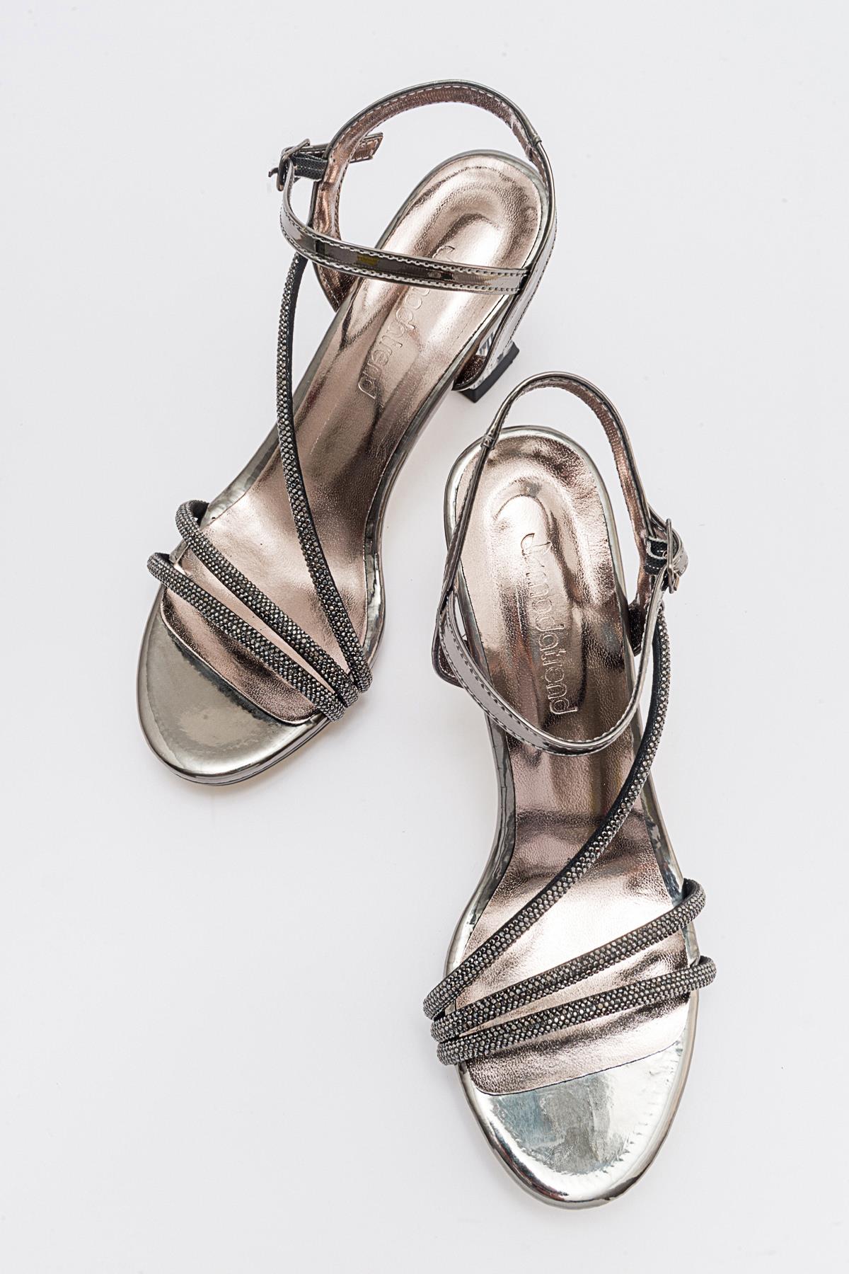 Kadın Taşlı Topuklu Sandalet PLATİN AYNA - Görsel 6