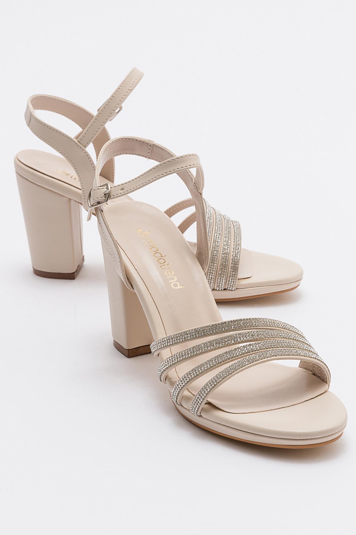 Kadın Çapraş Biyeli Taşlı Topuklu Sandalet TEN CİLT - Görsel 2