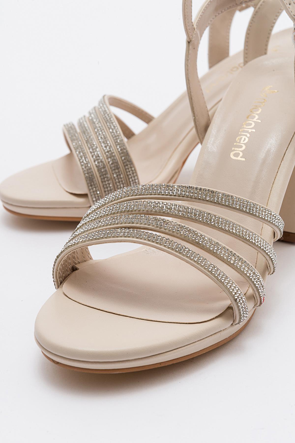 Kadın Çapraş Biyeli Taşlı Topuklu Sandalet TEN CİLT - Görsel 4