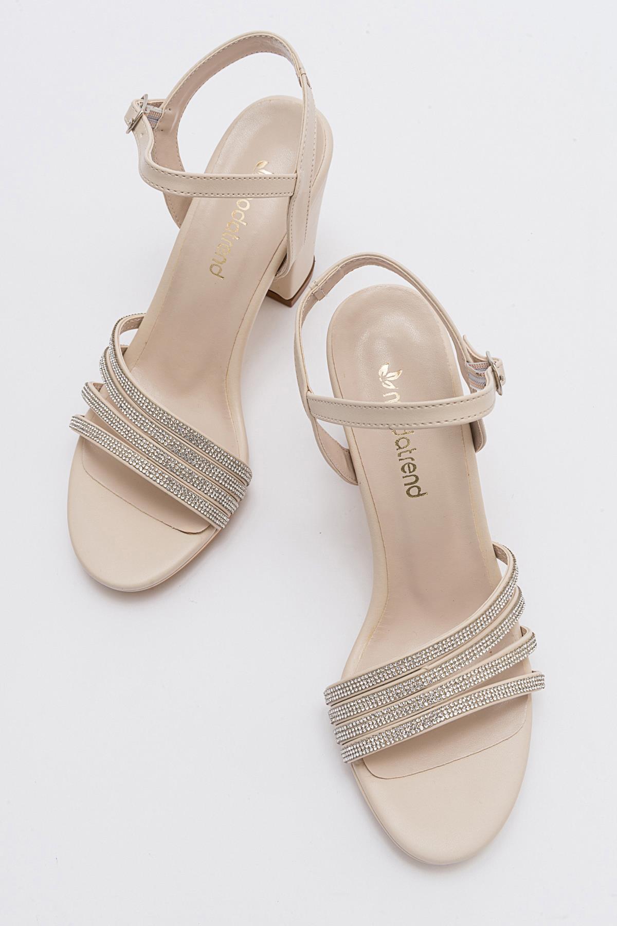 Kadın Çapraş Biyeli Taşlı Topuklu Sandalet TEN CİLT - Görsel 6