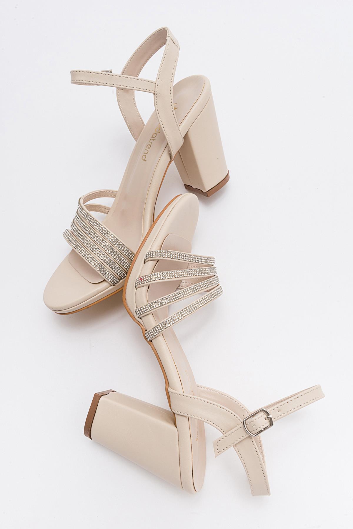 Kadın Çapraş Biyeli Taşlı Topuklu Sandalet TEN CİLT - Görsel 7